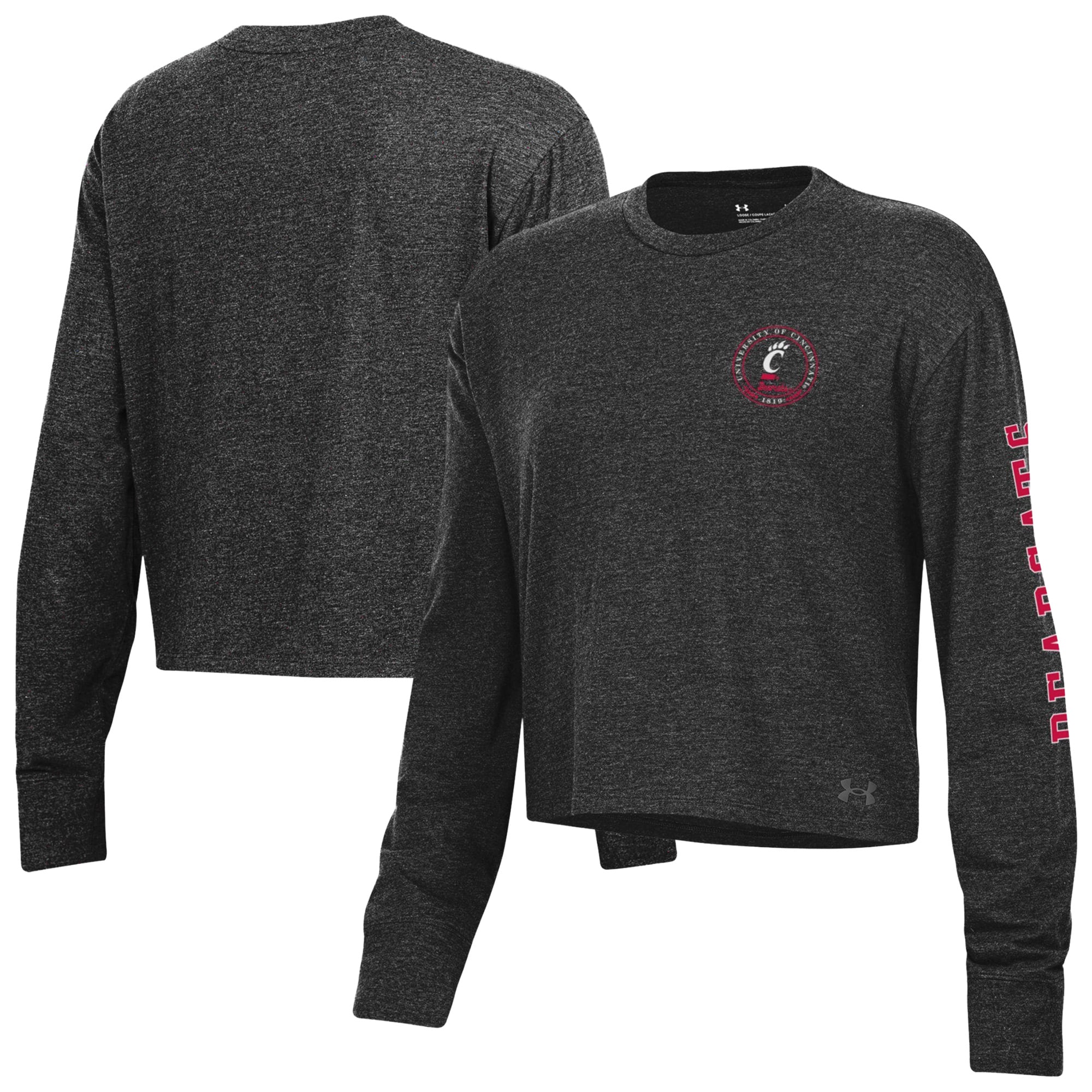 Women's Under Armour Black Cincinnati Bearcats Icon Sleeve Two-Hit Long Sleeve Crop Top