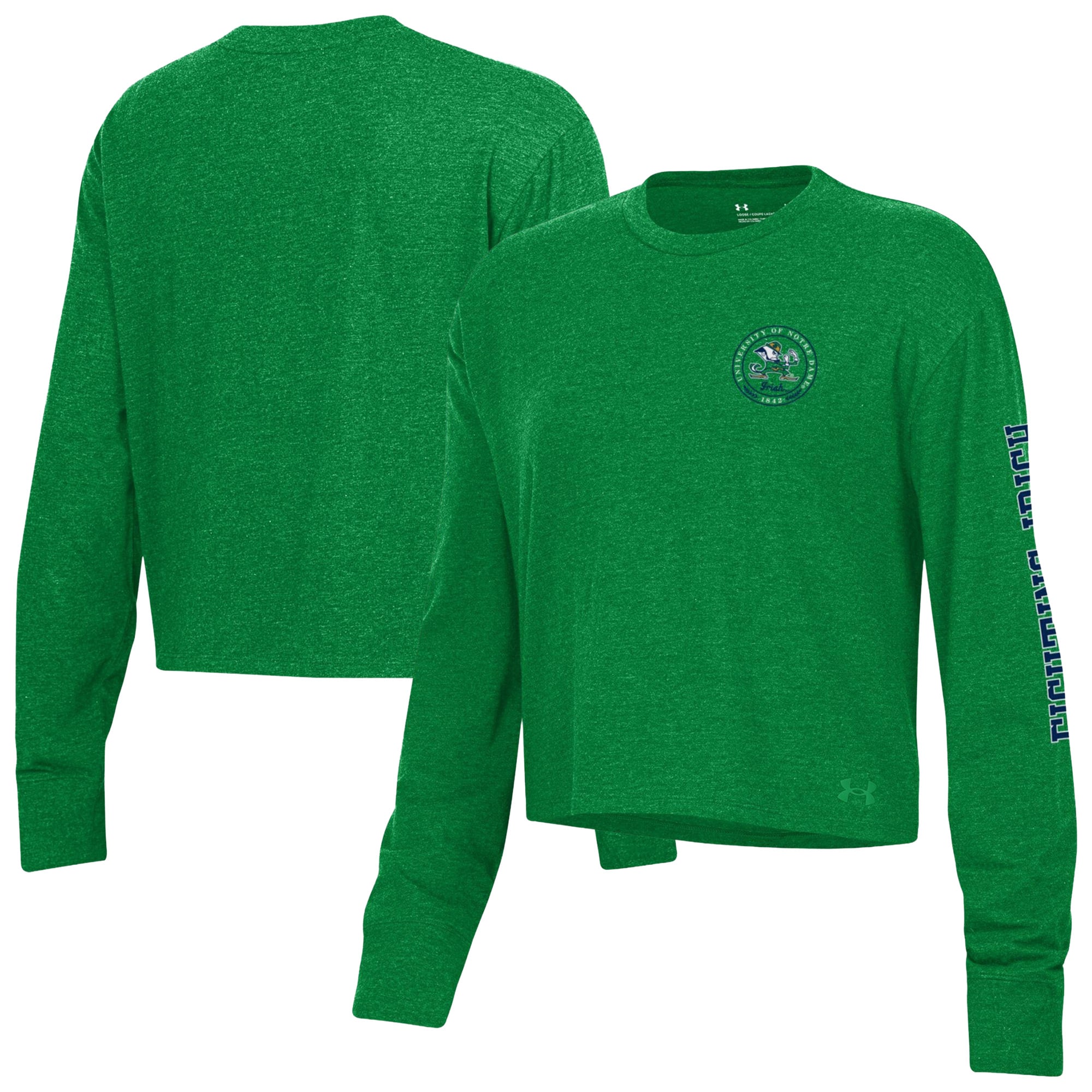 Women's Under Armour Green Notre Dame Fighting Irish Icon Sleeve Two-Hit Long Sleeve Crop Top