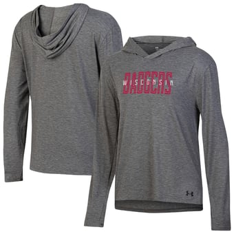 Women's Under Armour  Heather Black Wisconsin Badgers Breezy Long Sleeve Hooded T-Shirt