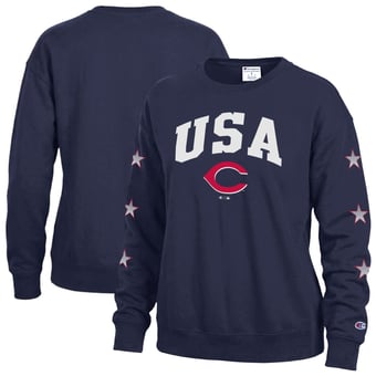 Women's Champion  Navy Cincinnati Reds Americana Fleece Crewneck Sweatshirt