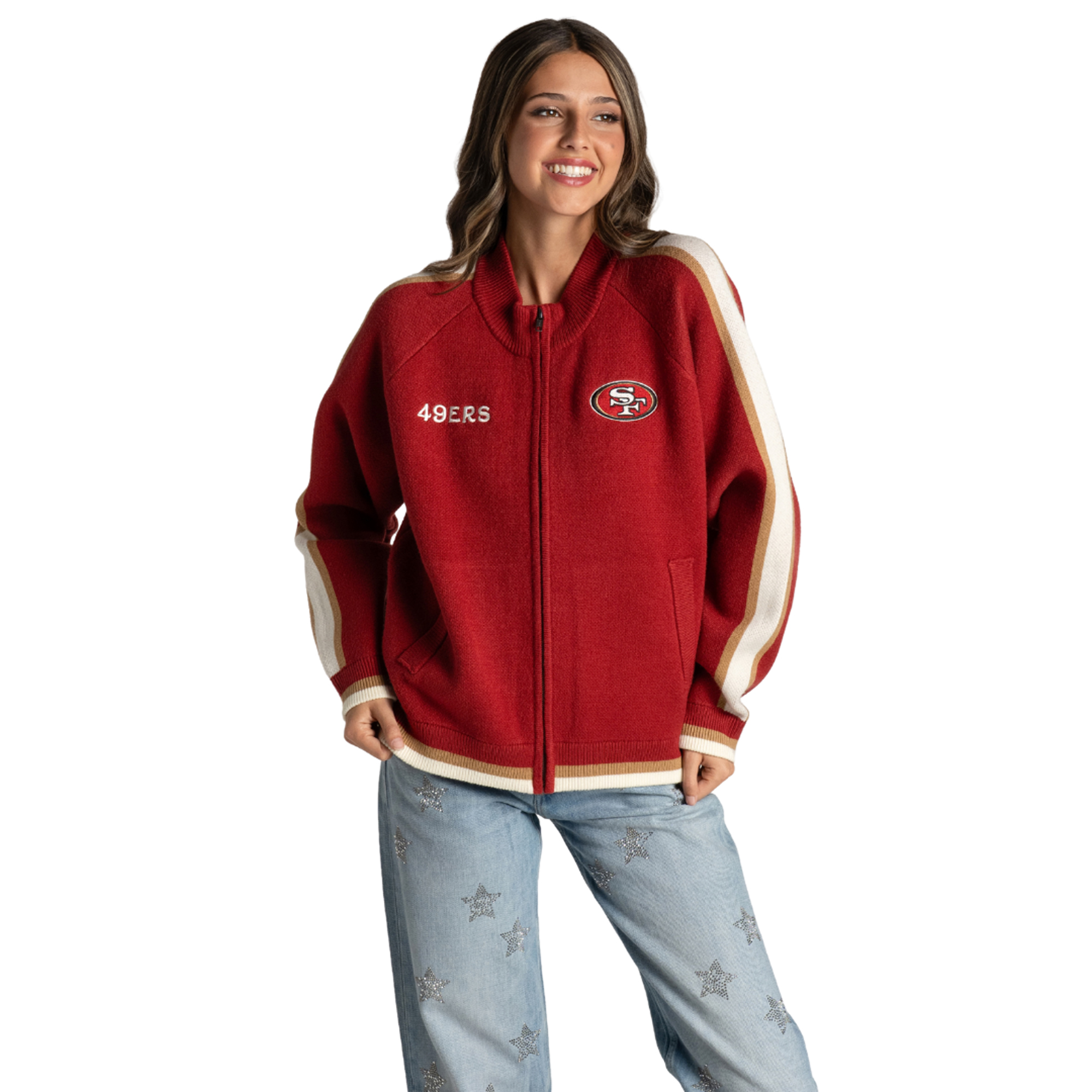 Women's The Wild Collective Scarlet San Francisco 49ers Raglan Tri-Blend Full-Zip Sweater