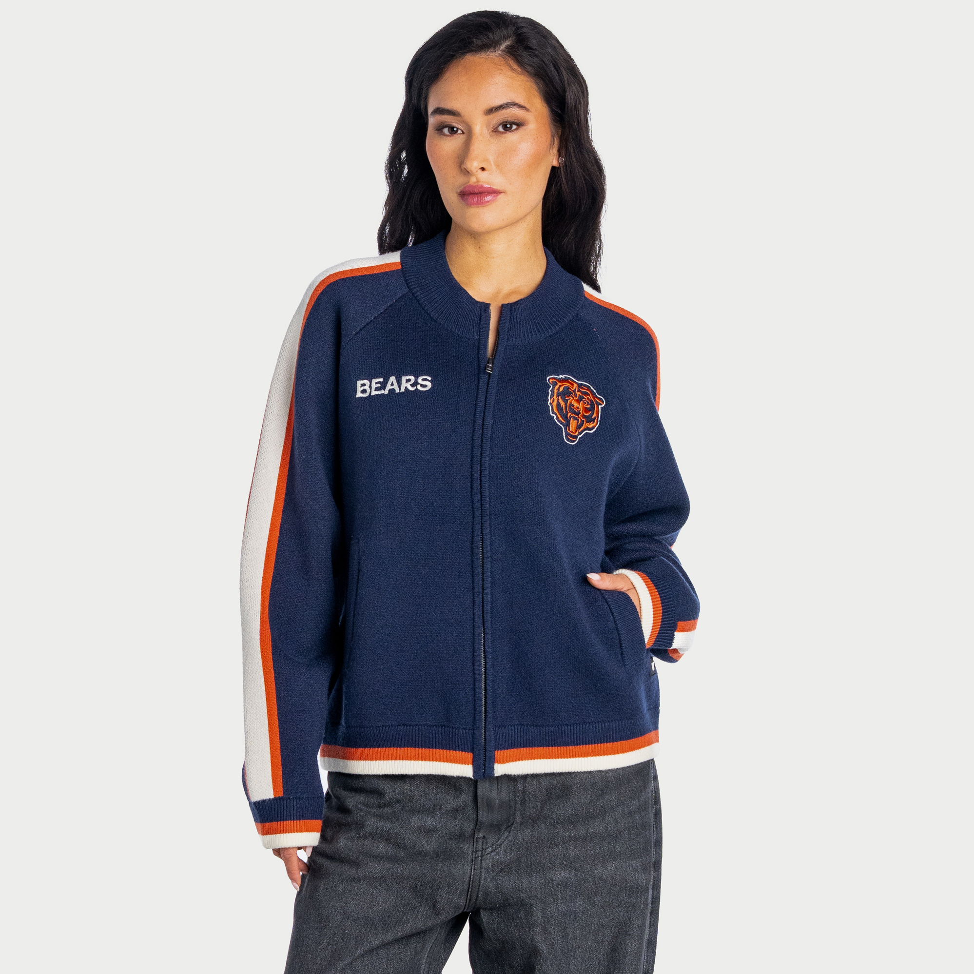 Women's The Wild Collective Navy Chicago Bears Raglan Tri-Blend Full-Zip Sweater