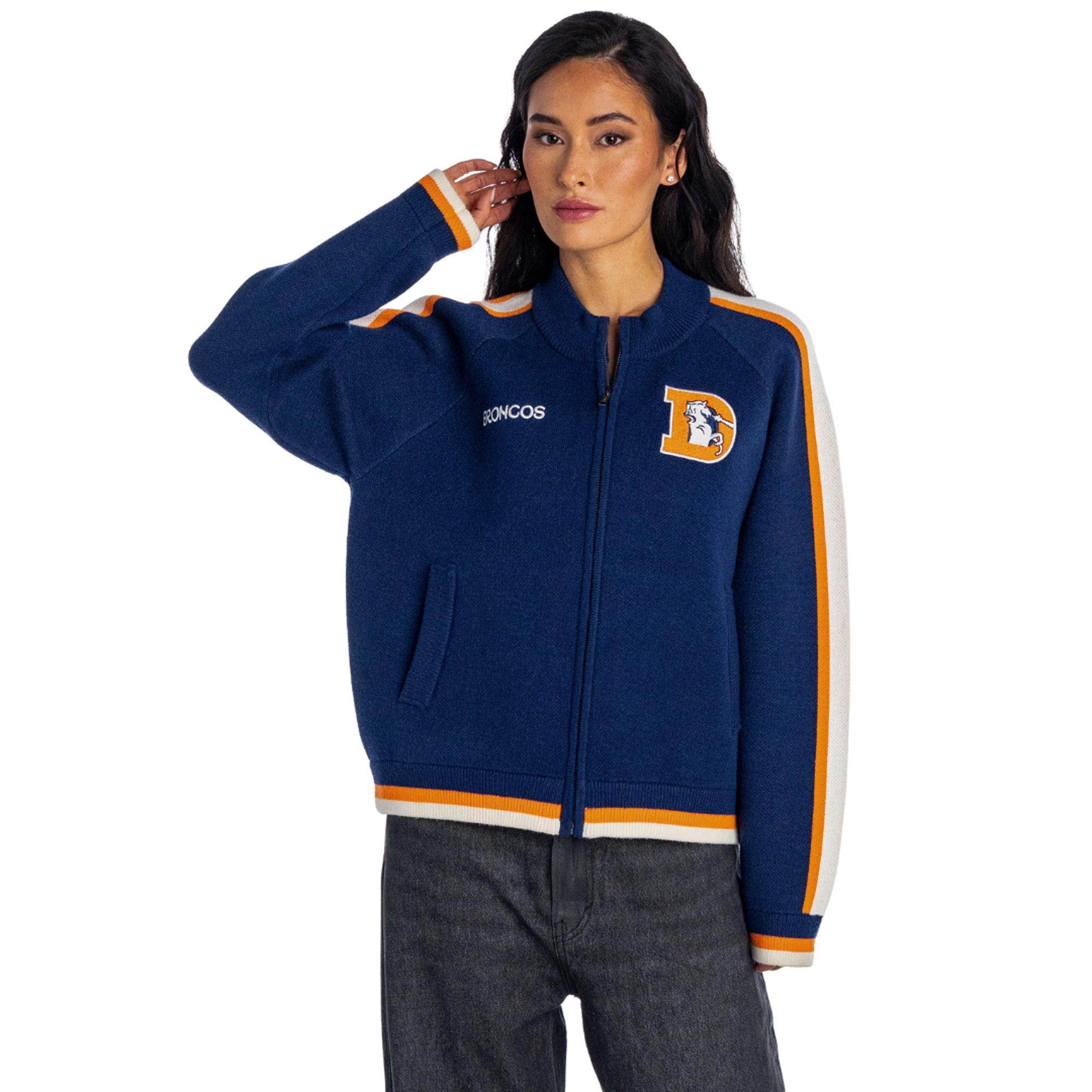 Women's The Wild Collective Navy Denver Broncos Raglan Tri-Blend Full-Zip Sweater