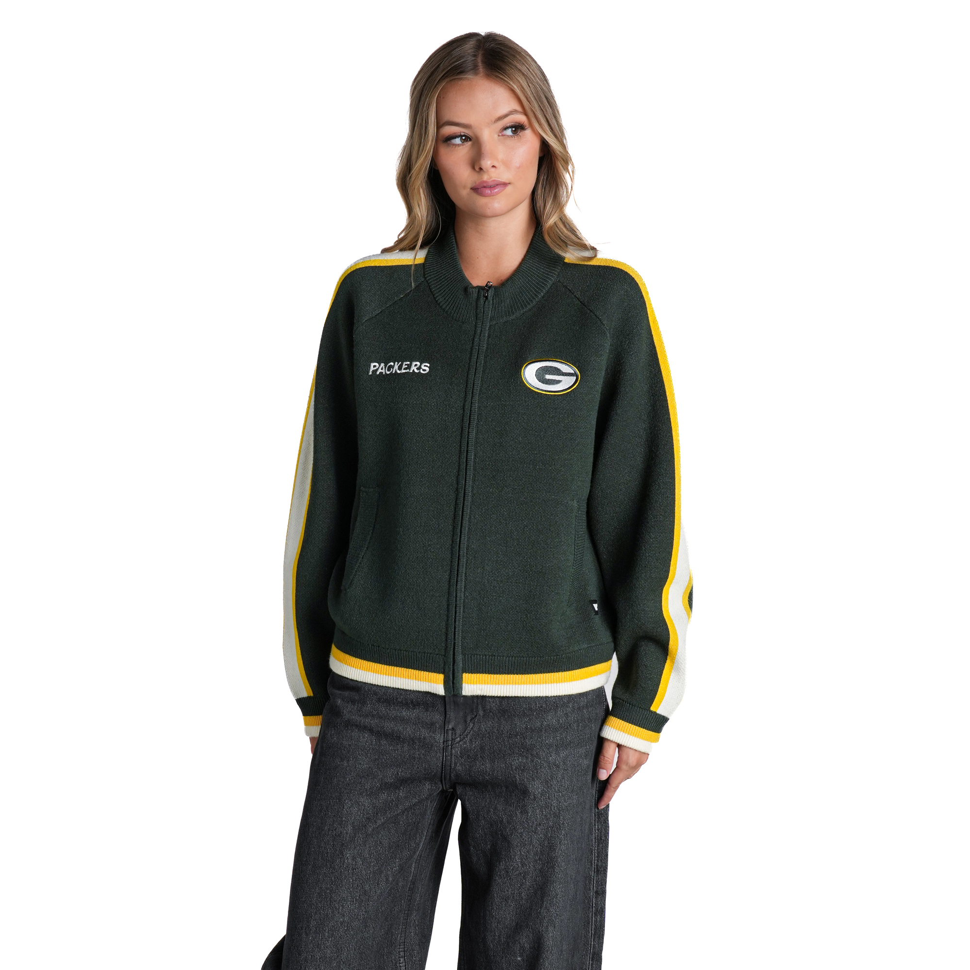 Women's The Wild Collective Green Green Bay Packers Raglan Tri-Blend Full-Zip Sweater