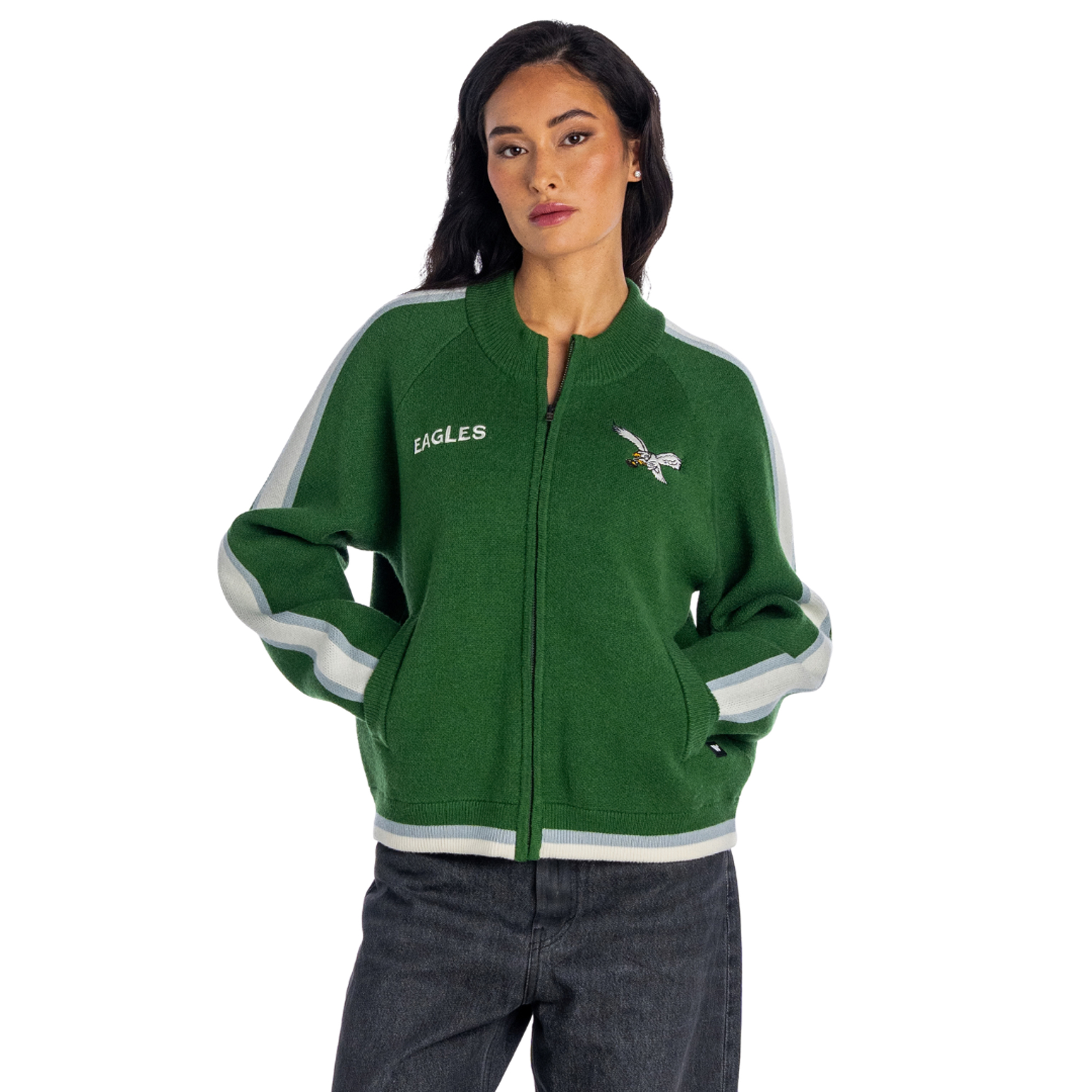 Women's The Wild Collective Kelly Green Philadelphia Eagles Raglan Tri-Blend Full-Zip Sweater