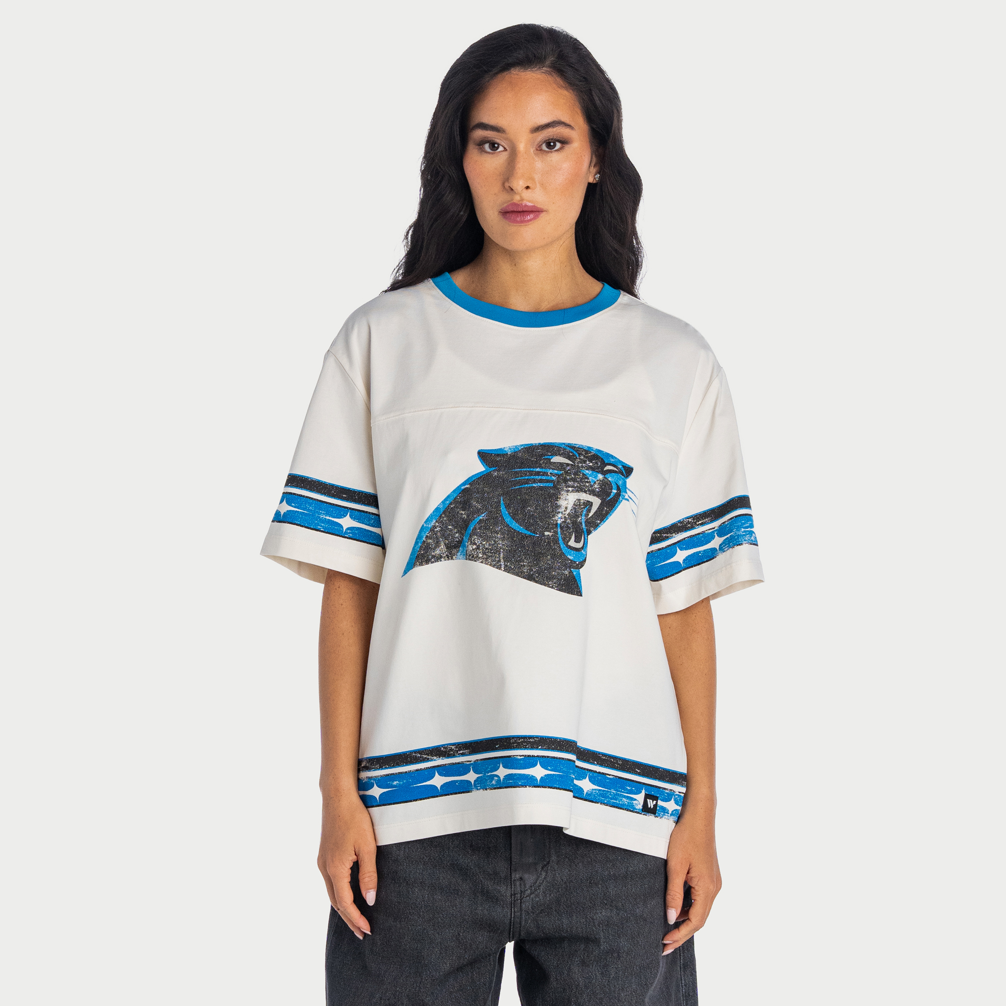 Women's The Wild Collective  Cream Carolina Panthers Oversized Established Boyfriend T-Shirt