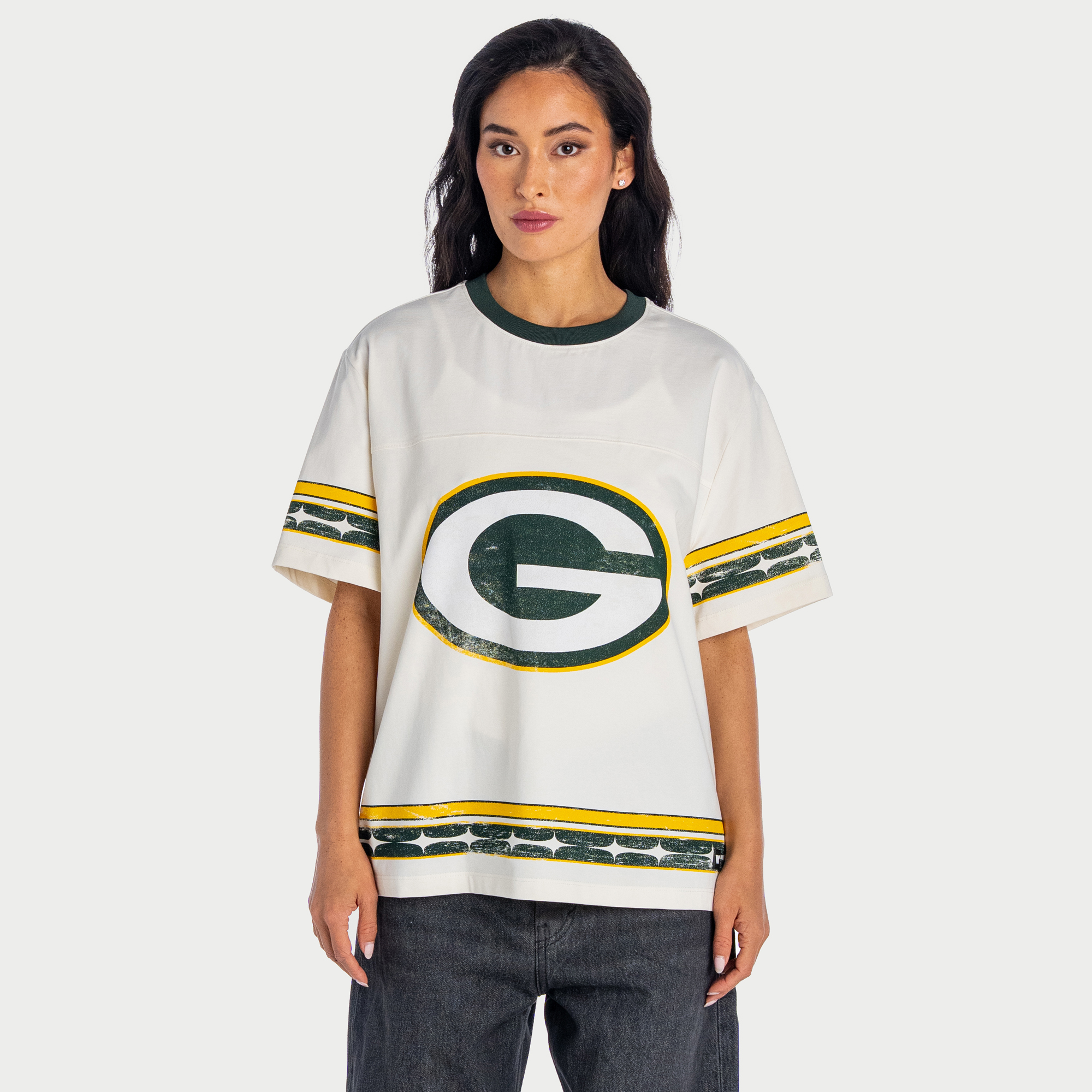 Women's The Wild Collective  Cream Green Bay Packers Oversized Established Boyfriend T-Shirt