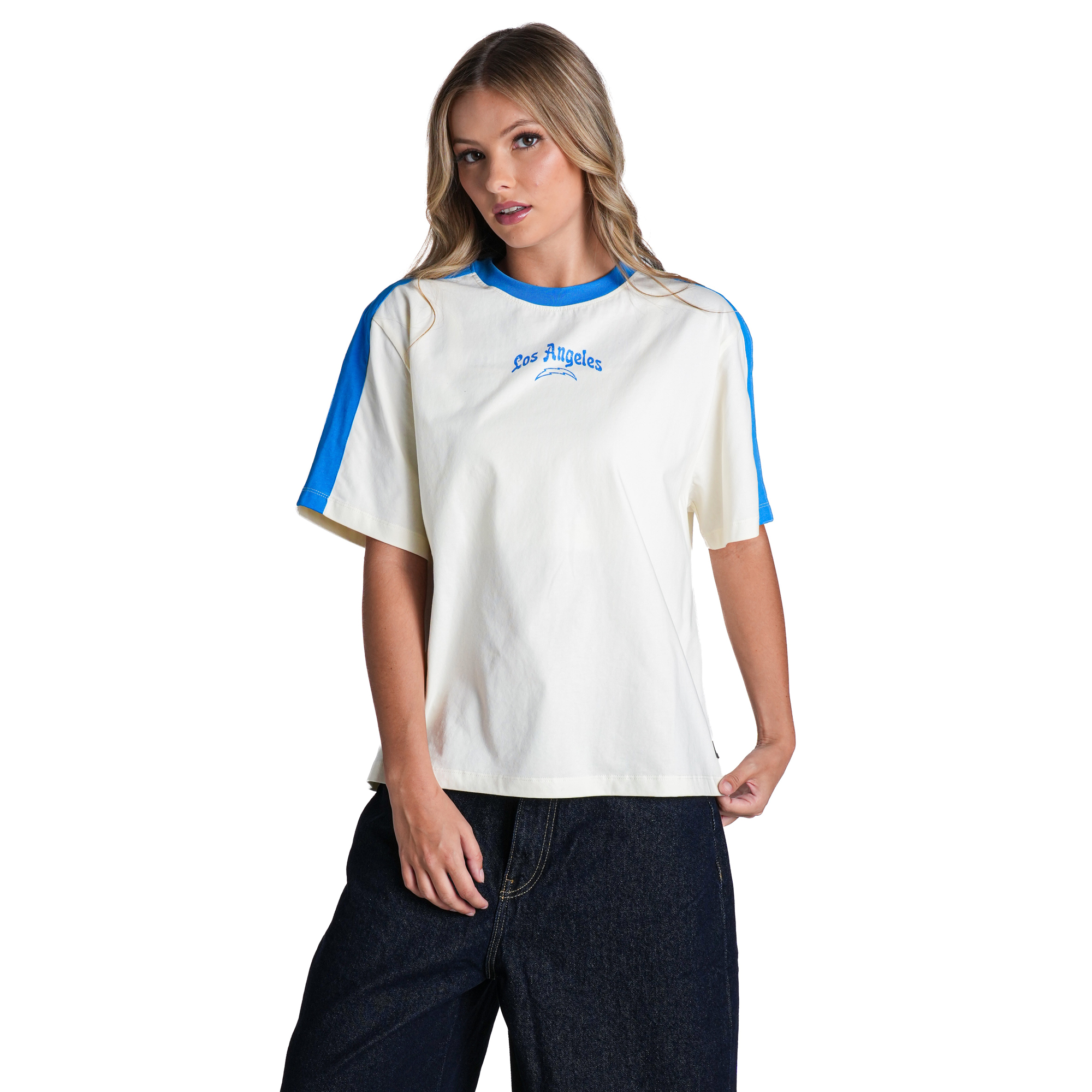 Women's The Wild Collective  Cream Los Angeles Chargers Stripe Drop Shoulder T-Shirt