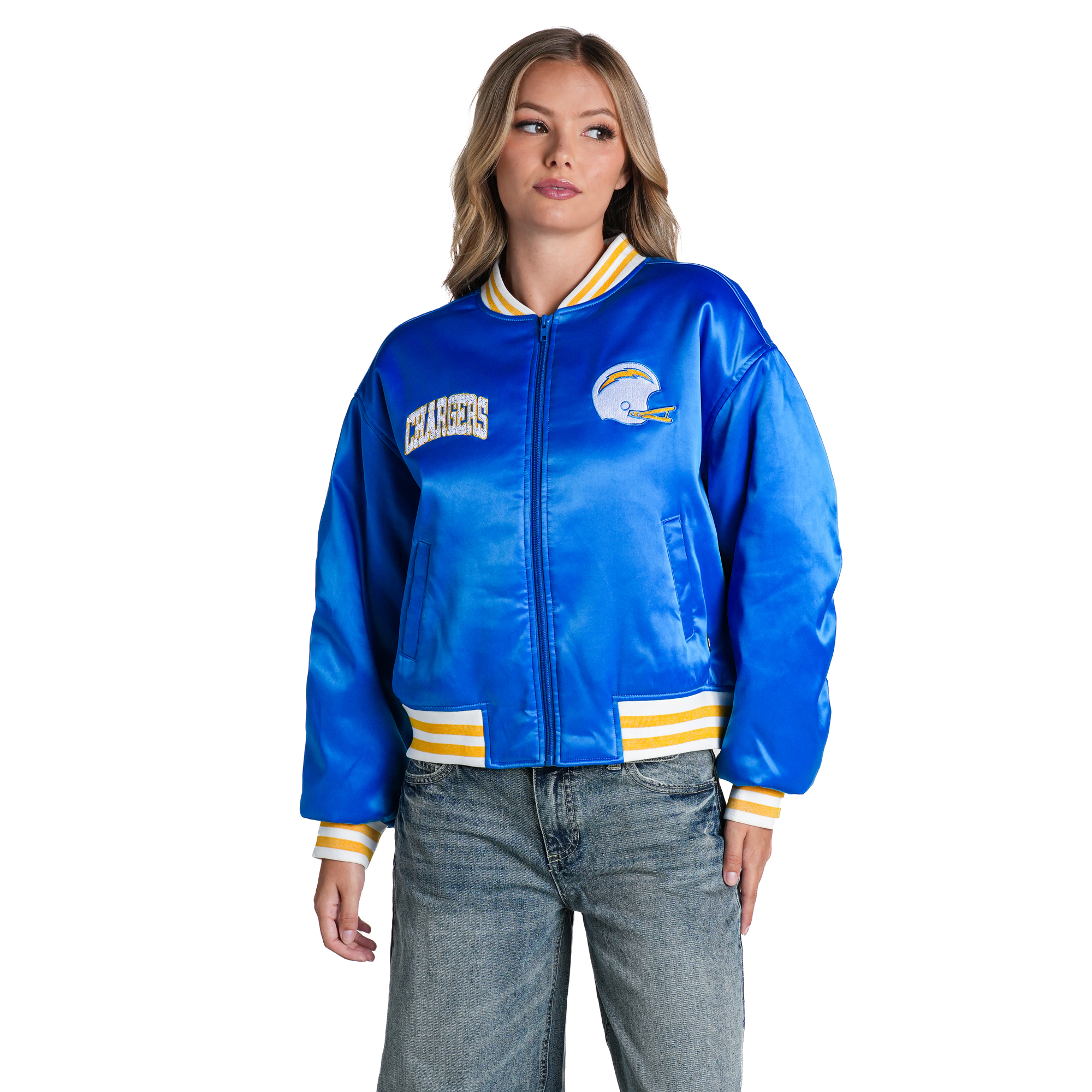 Women's The Wild Collective  Royal Los Angeles Chargers Satin Full-Zip Bomber Jacket