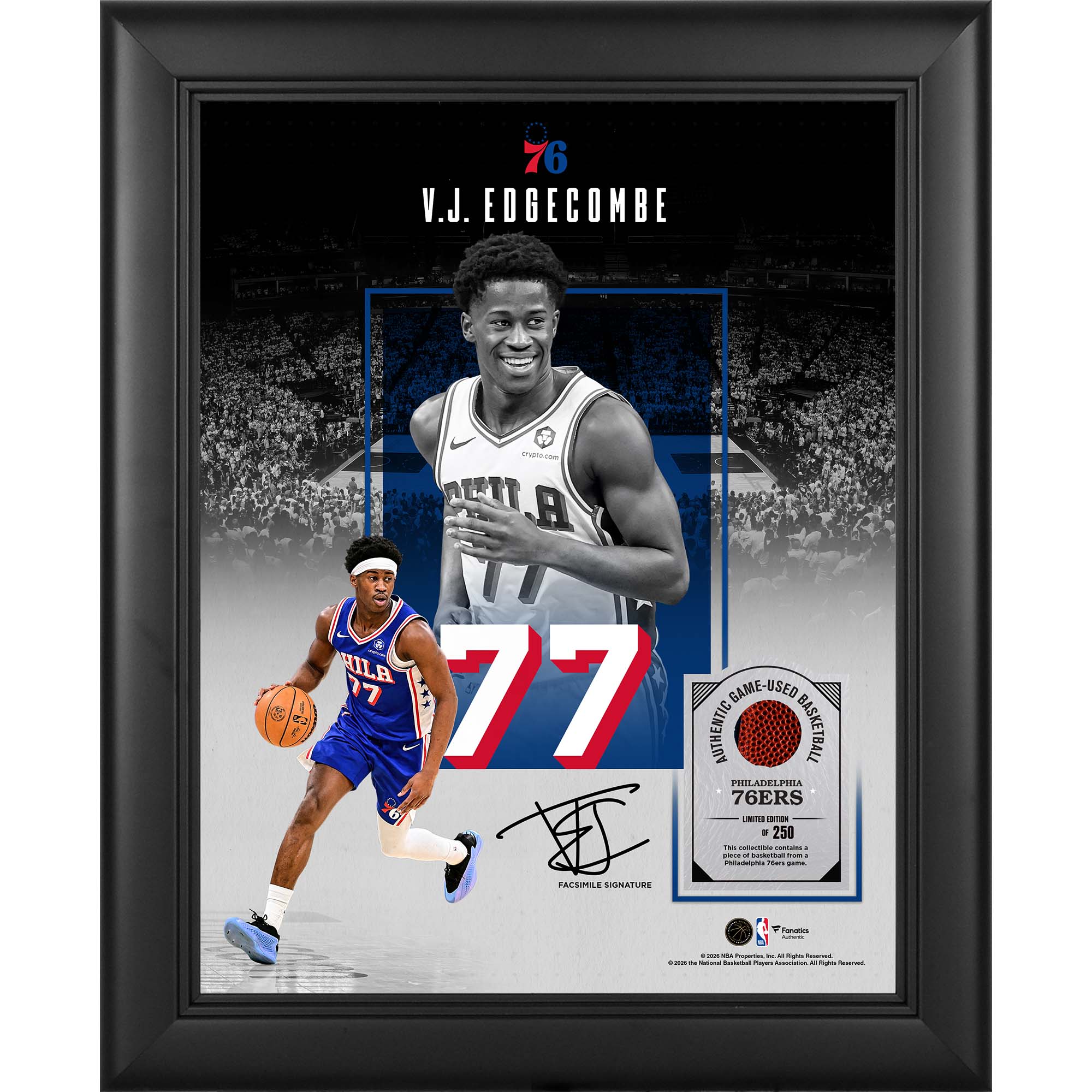VJ Edgecombe Philadelphia 76ers Facsimile Signature Framed 11″ x 14″ Showcase Collage with a Piece of Game-Used Basketball – Limited Edition of 250 VJ Edgecombe Philadelphia 76ers Facsimile Signature Framed 11″ x 14″ Showcase Collage with a Piece of Game-Used Basketball – Limited Edition of 250