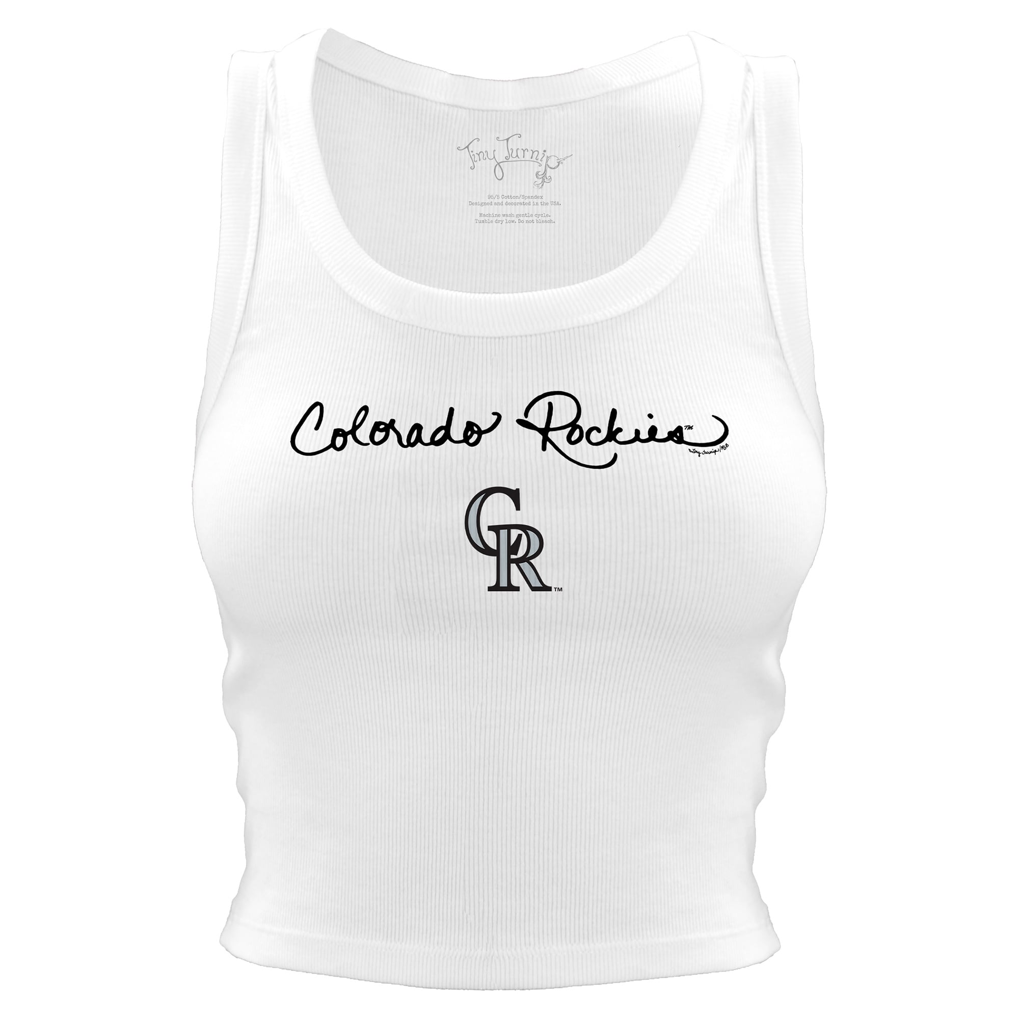 Women's Tiny Turnip White Colorado Rockies Script Logo Crop Tank Top