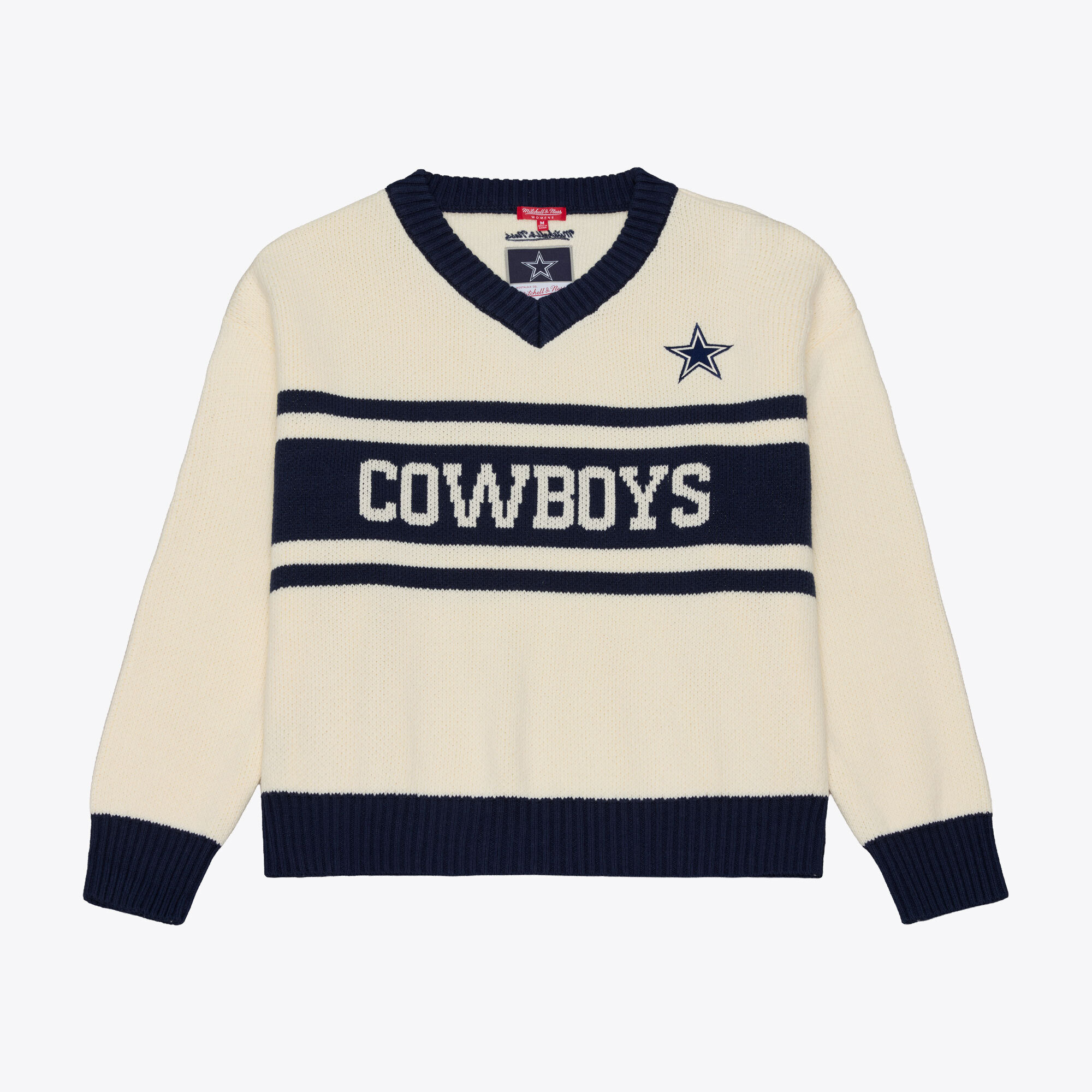 Mitchell & Ness Women's Cream/Navy Dallas Cowboys Retro Roots V-Neck Sweater - Cream, Navy