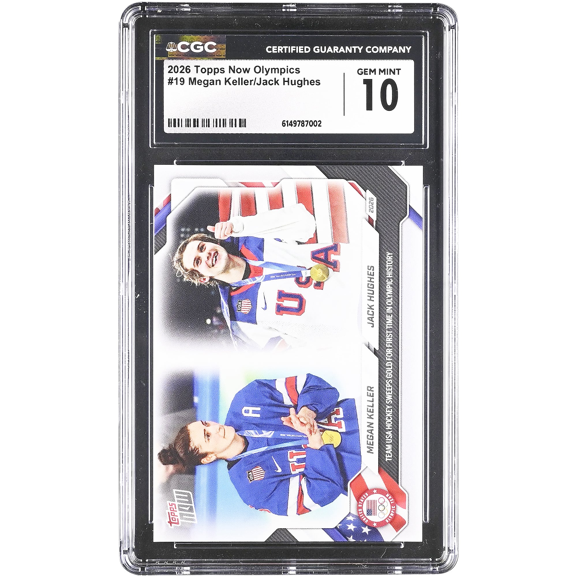 Megan Keller & Jack Hughes Team USA 2026 Topps Now Olympics Team USA Sweeps Gold For First Time in Olympic History #19 CGC Authenticated 10 Card. rookie card picture