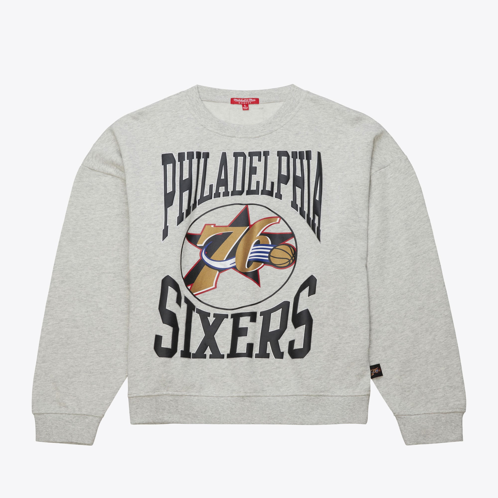 Women's Mitchell & Ness Heather Gray Philadelphia 76ers 3.0 Logo Lightweight Sweatshirt