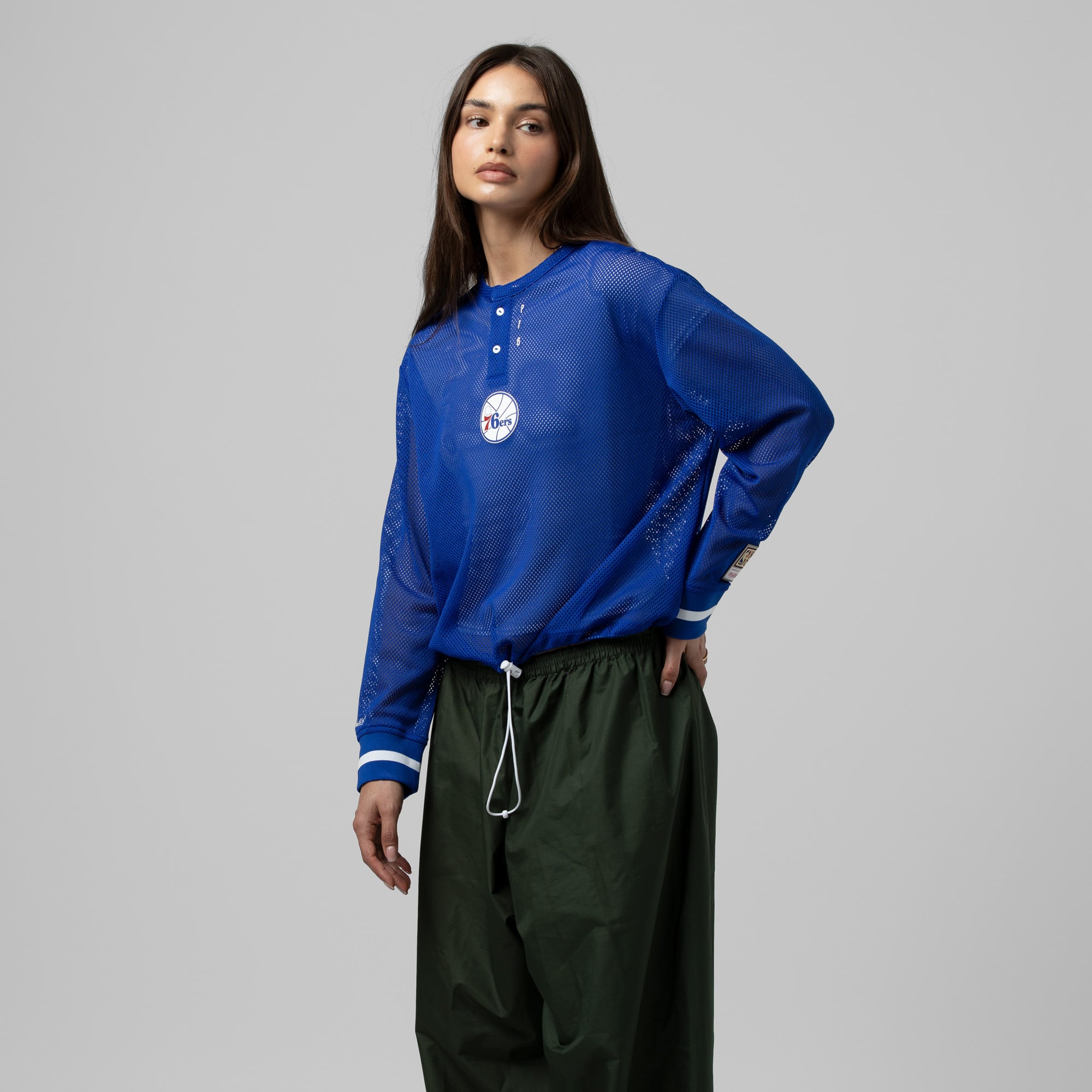 Women's Mitchell & Ness  Royal Philadelphia 76ers Hardwood Classics Henley Mesh Long Sleeve Cropped Top