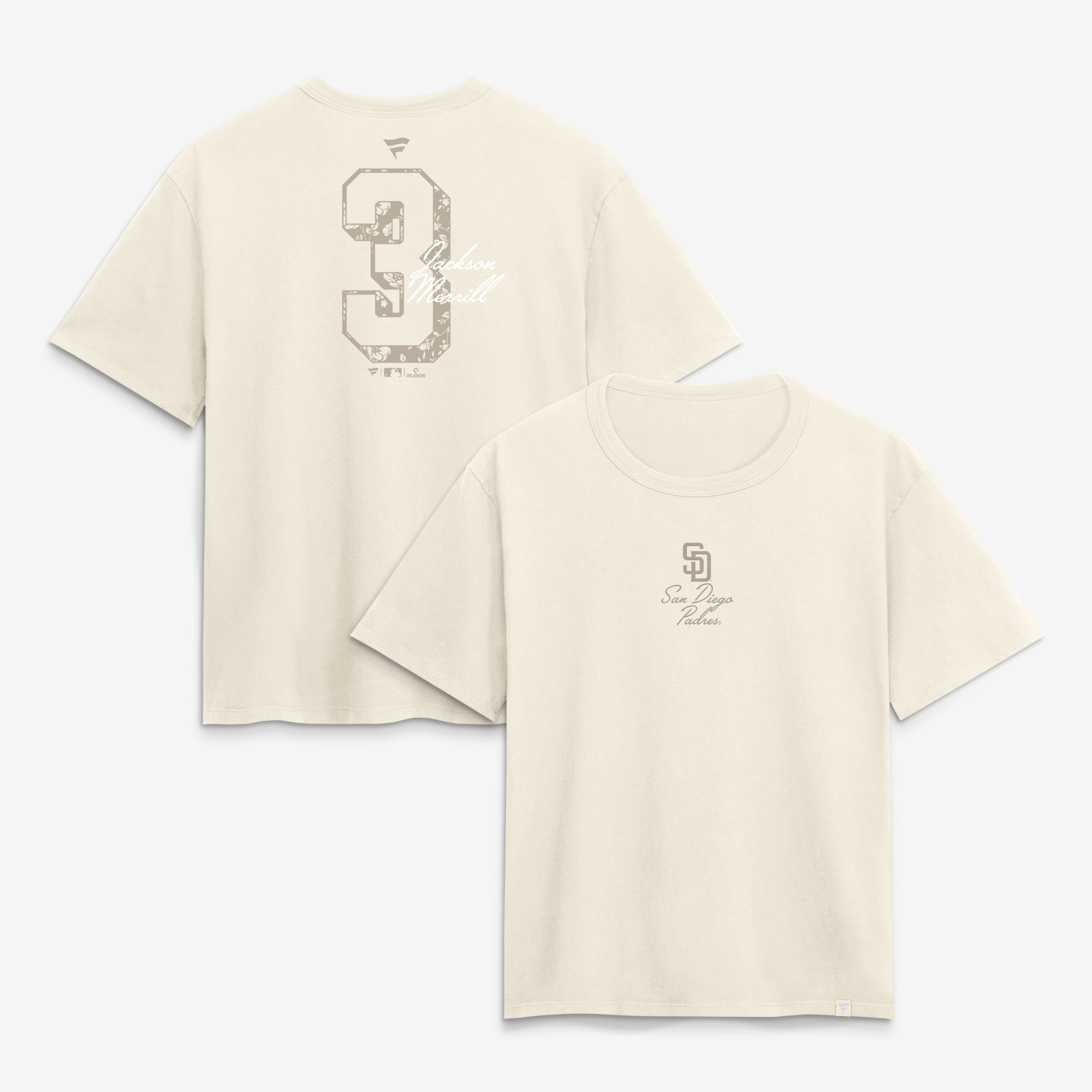 Women's Jackson Merrill Cream San Diego Padres Name & Number T-Shirt