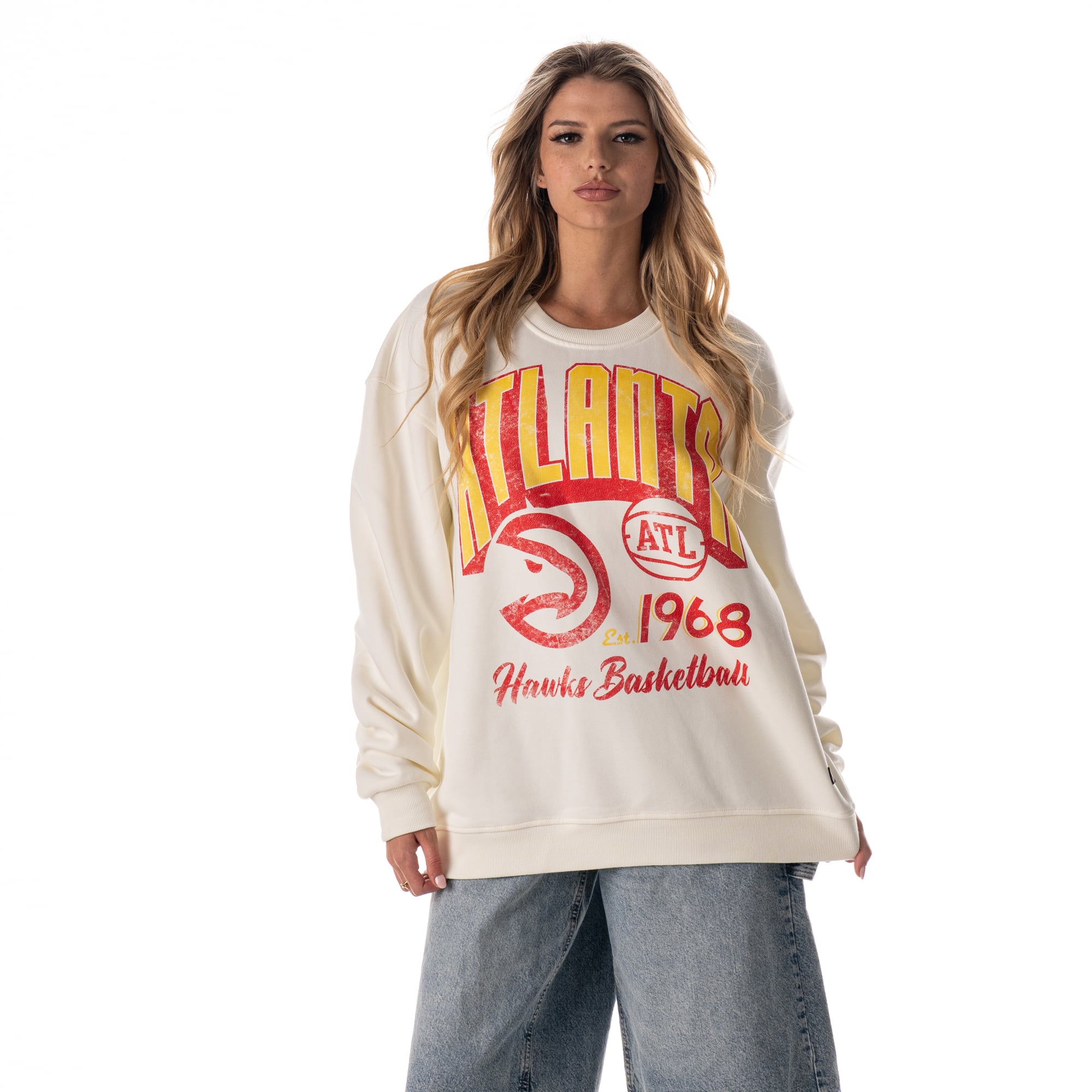 Unisex The Wild Collective White Atlanta Hawks Graphic Fleece Crewneck Sweatshirt