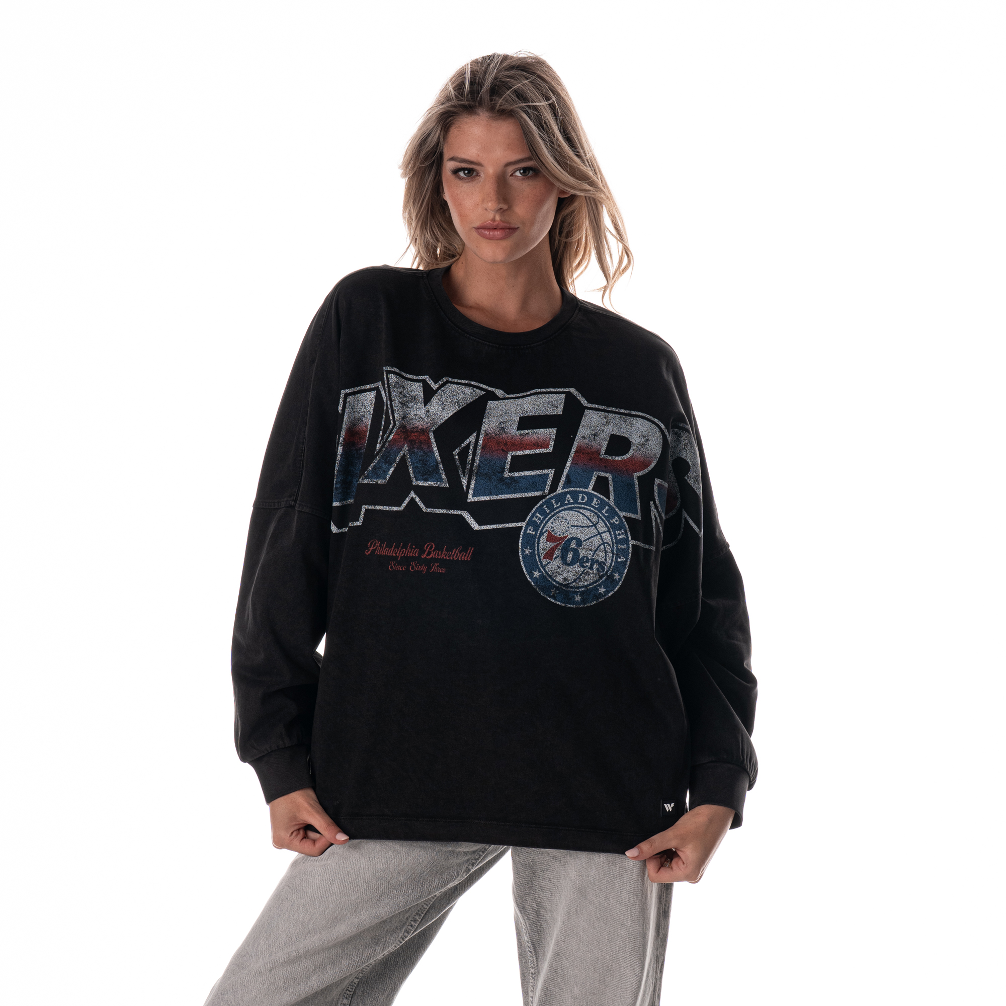 Women's The Wild Collective  Black Philadelphia 76ers Oversized Graphic Dolman Long-Sleeve T-Shirt
