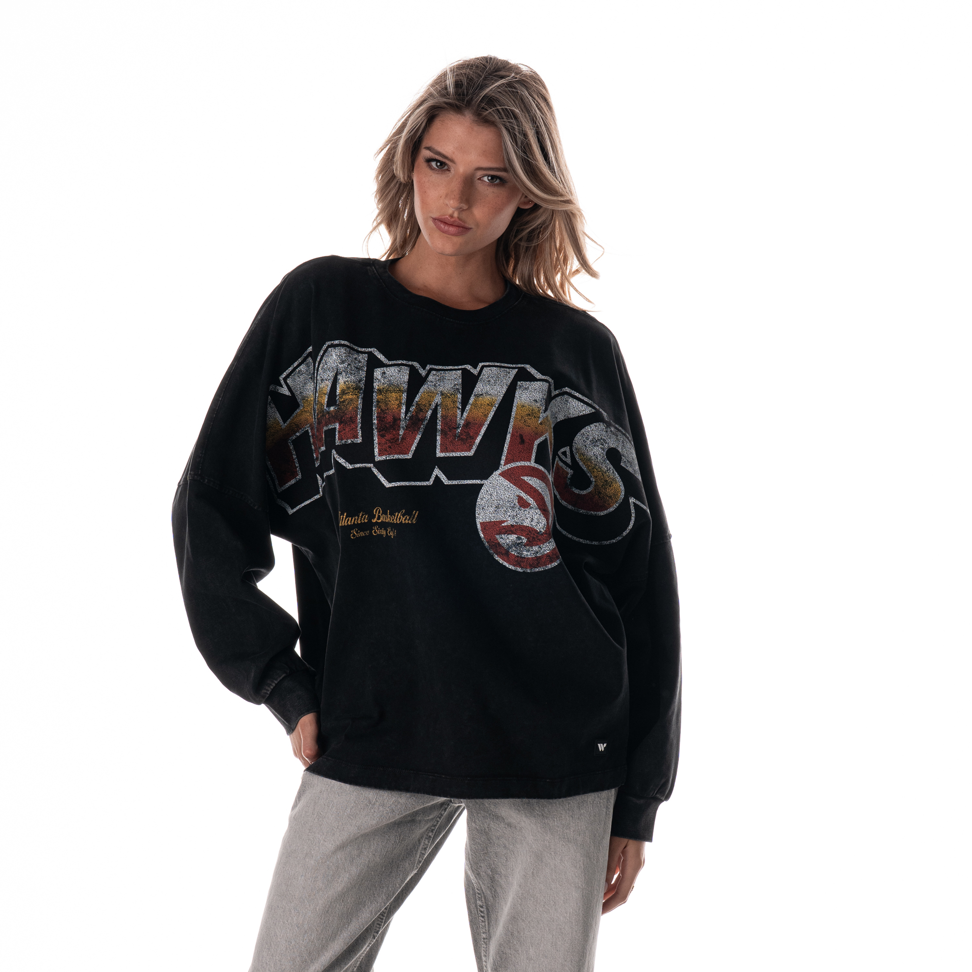 Women's The Wild Collective  Black Atlanta Hawks Oversized Graphic Dolman Long-Sleeve T-Shirt