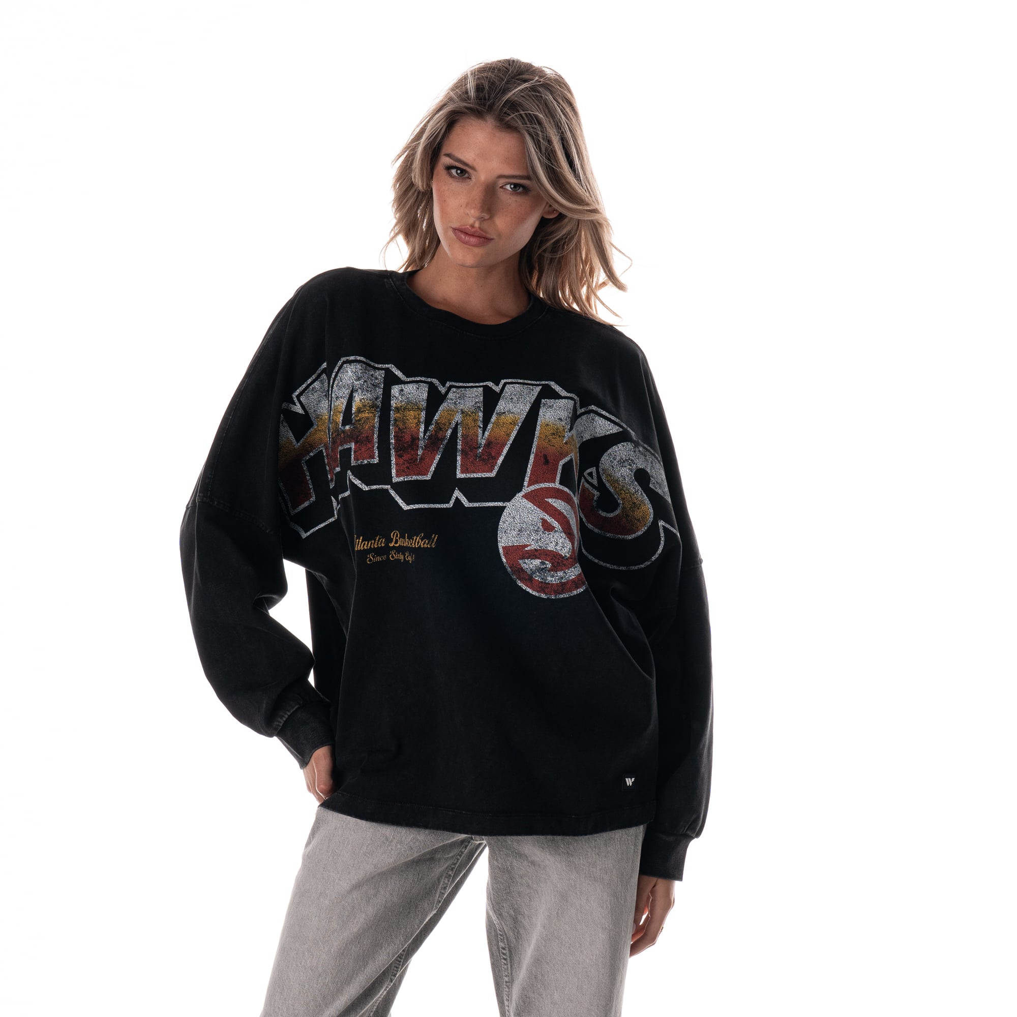 Women's The Wild Collective  Black Atlanta Hawks Oversized Graphic Dolman Long-Sleeve T-Shirt