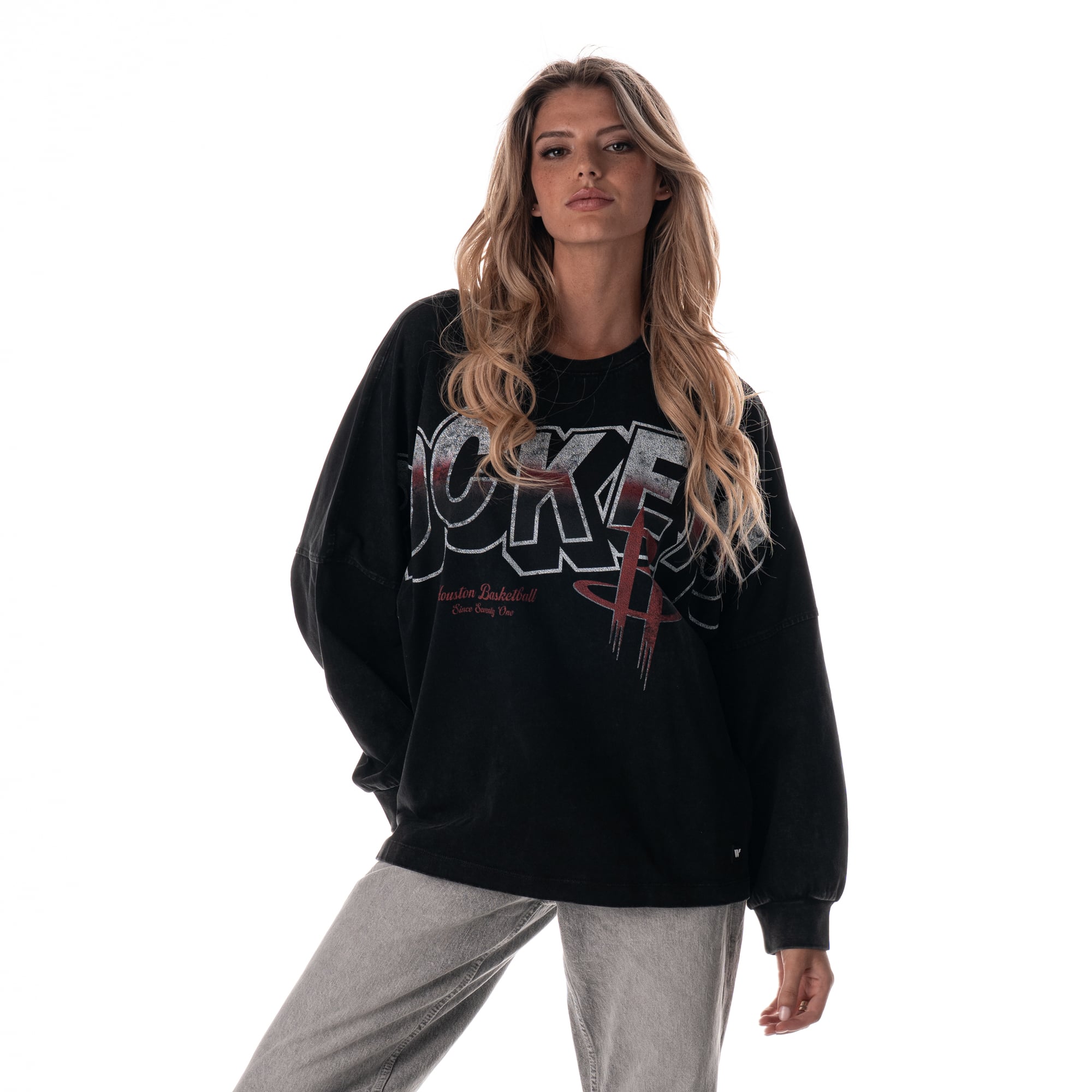 Women's The Wild Collective  Black Houston Rockets Oversized Graphic Dolman Long-Sleeve T-Shirt