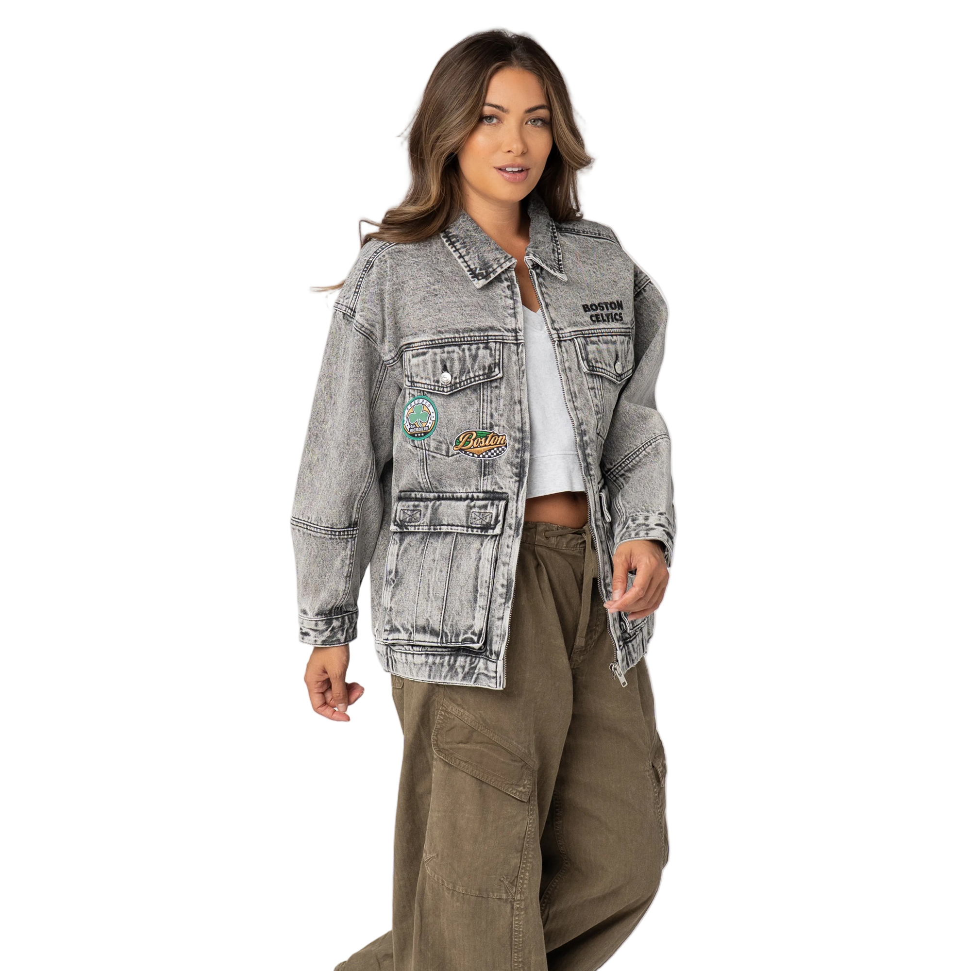 Women's The Wild Collective  Gray Boston Celtics Oversized Cargo Denim Jacket