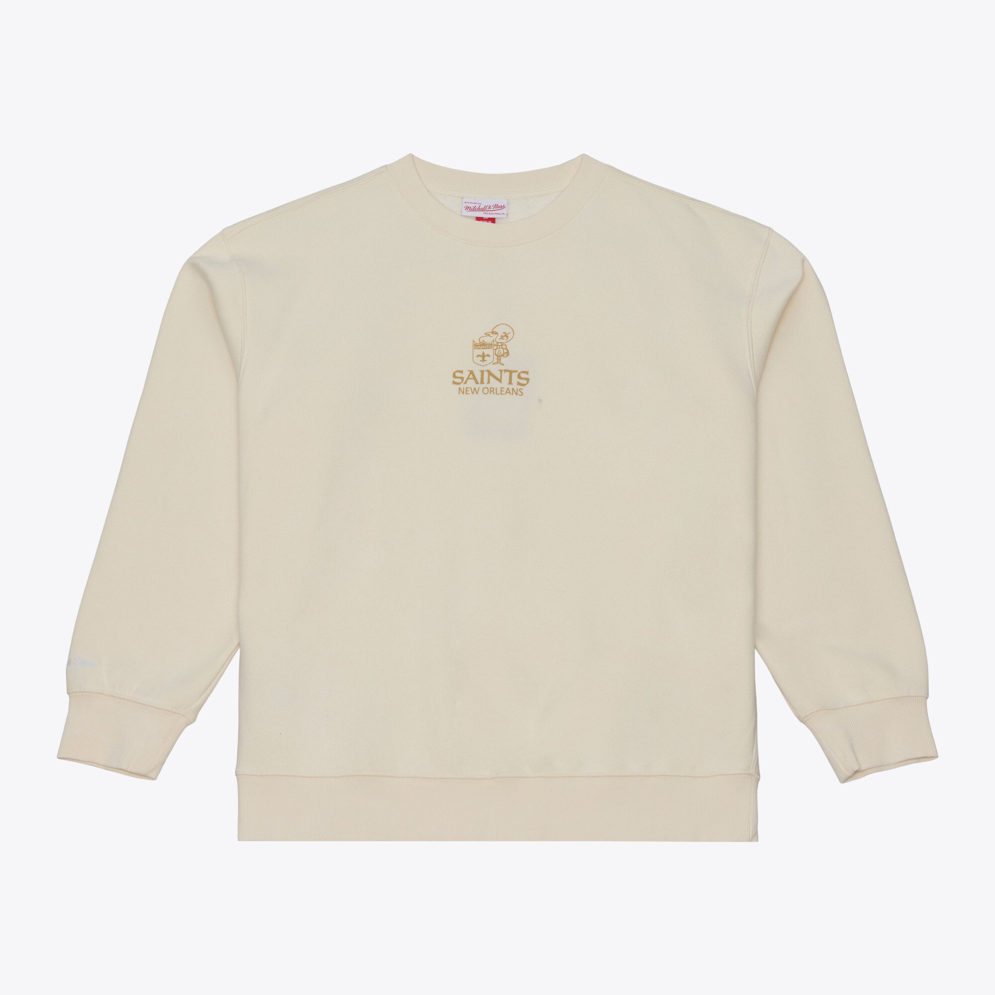 Felpa da uomo Mitchell & Ness color crema con micro logo dei New Orleans Saints Core Essentials.