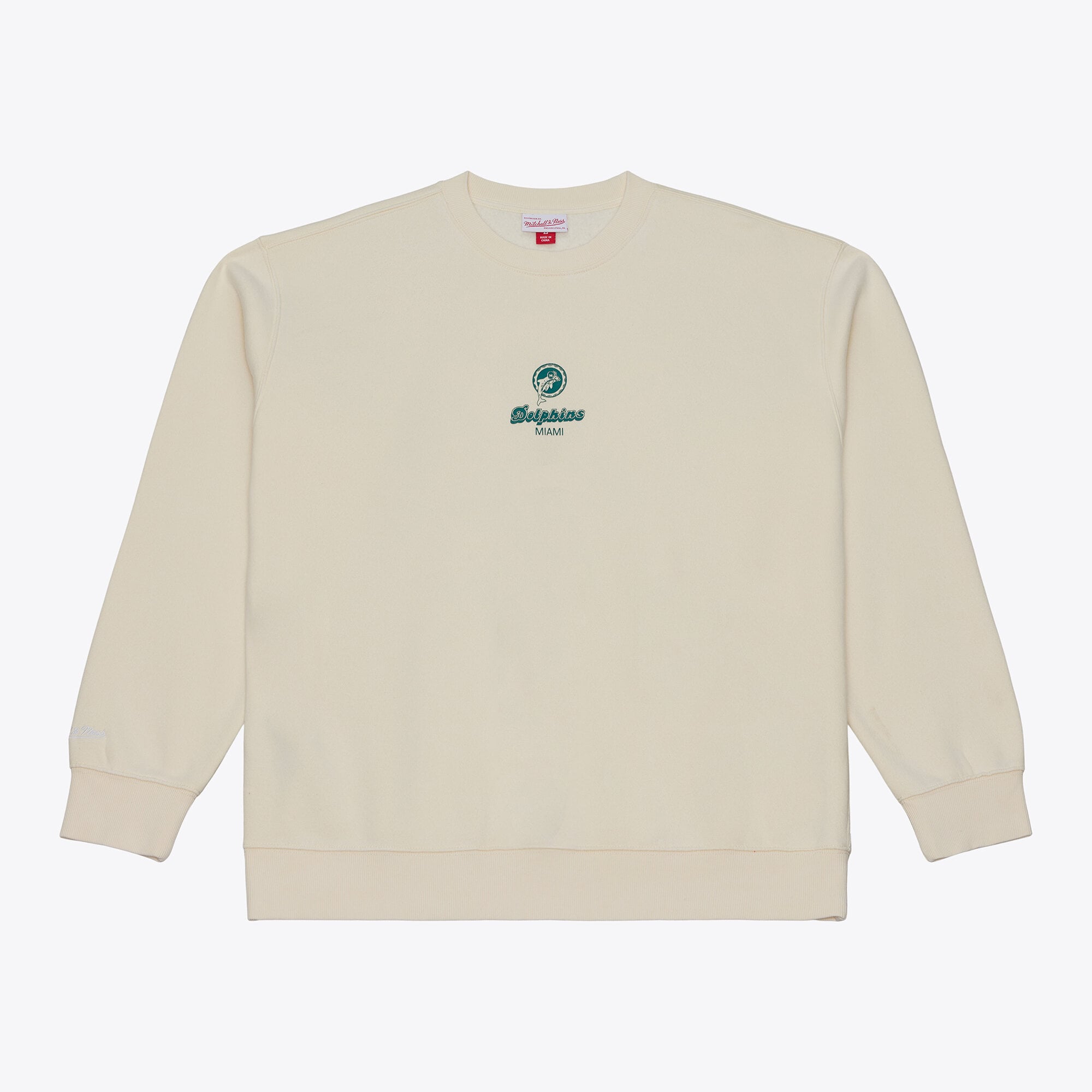 Felpa da uomo Mitchell & Ness color crema con micro logo Miami Dolphins Core Essentials