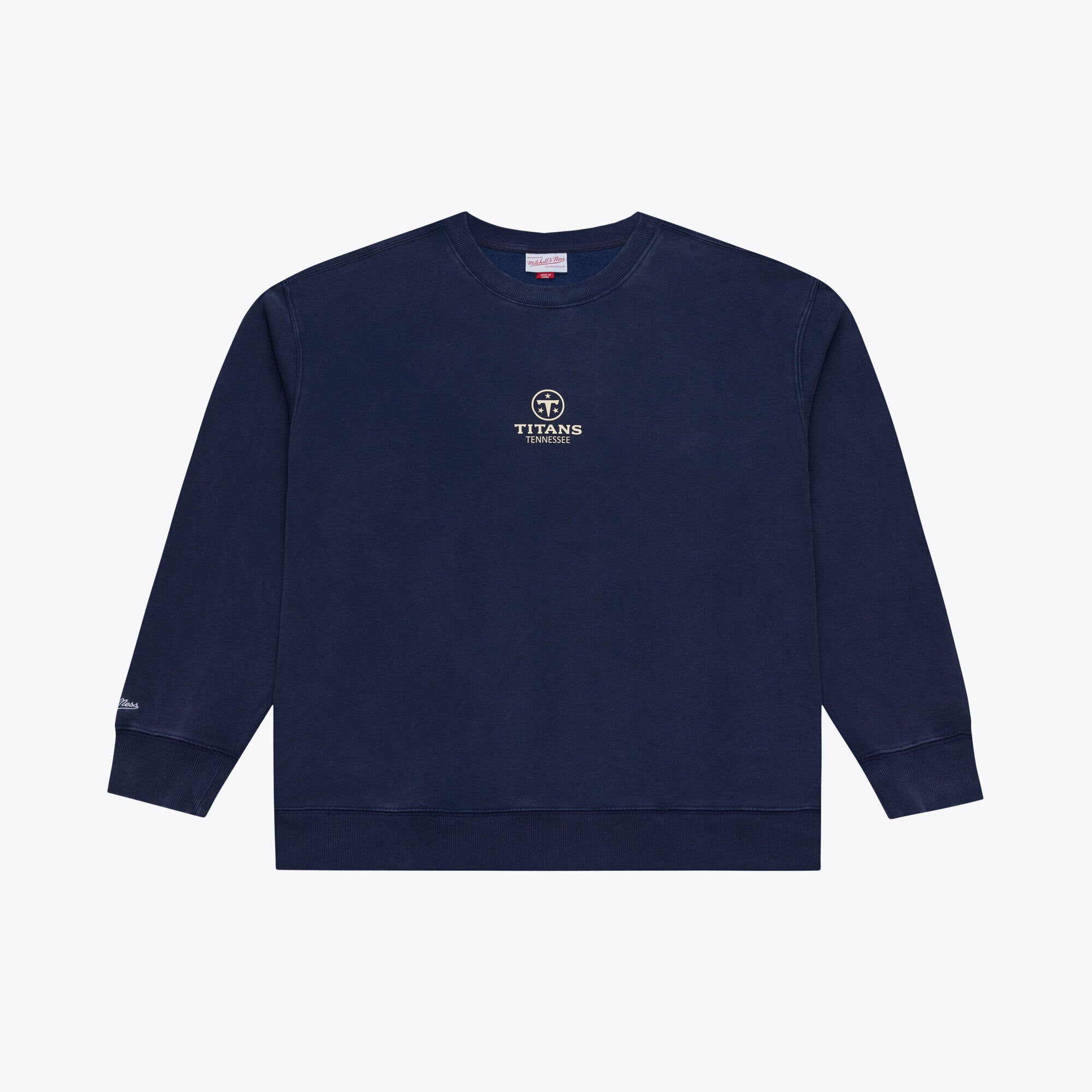 Felpa da uomo Mitchell & Ness blu navy con micro logo dei Tennessee Titans Core Essentials.