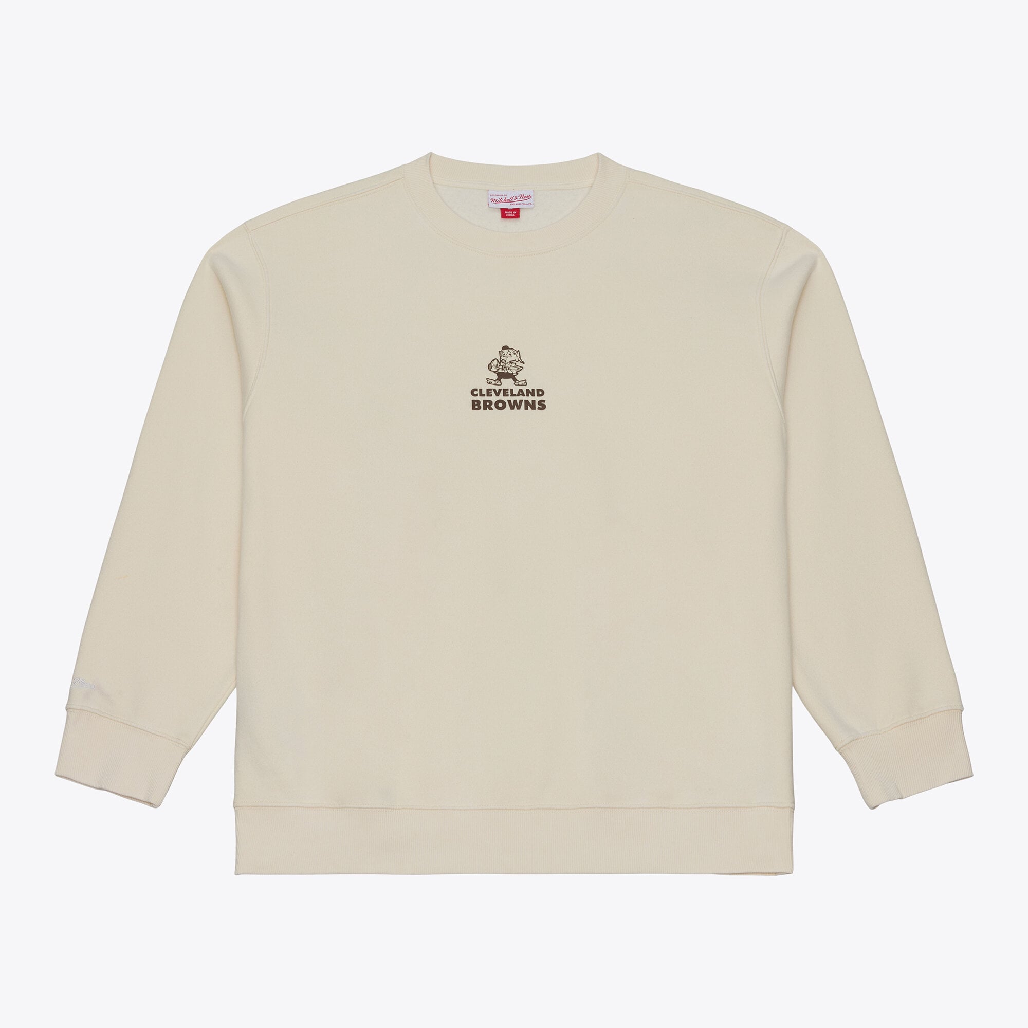 Felpa da uomo Mitchell & Ness color crema con micro logo Cleveland Browns Core Essentials