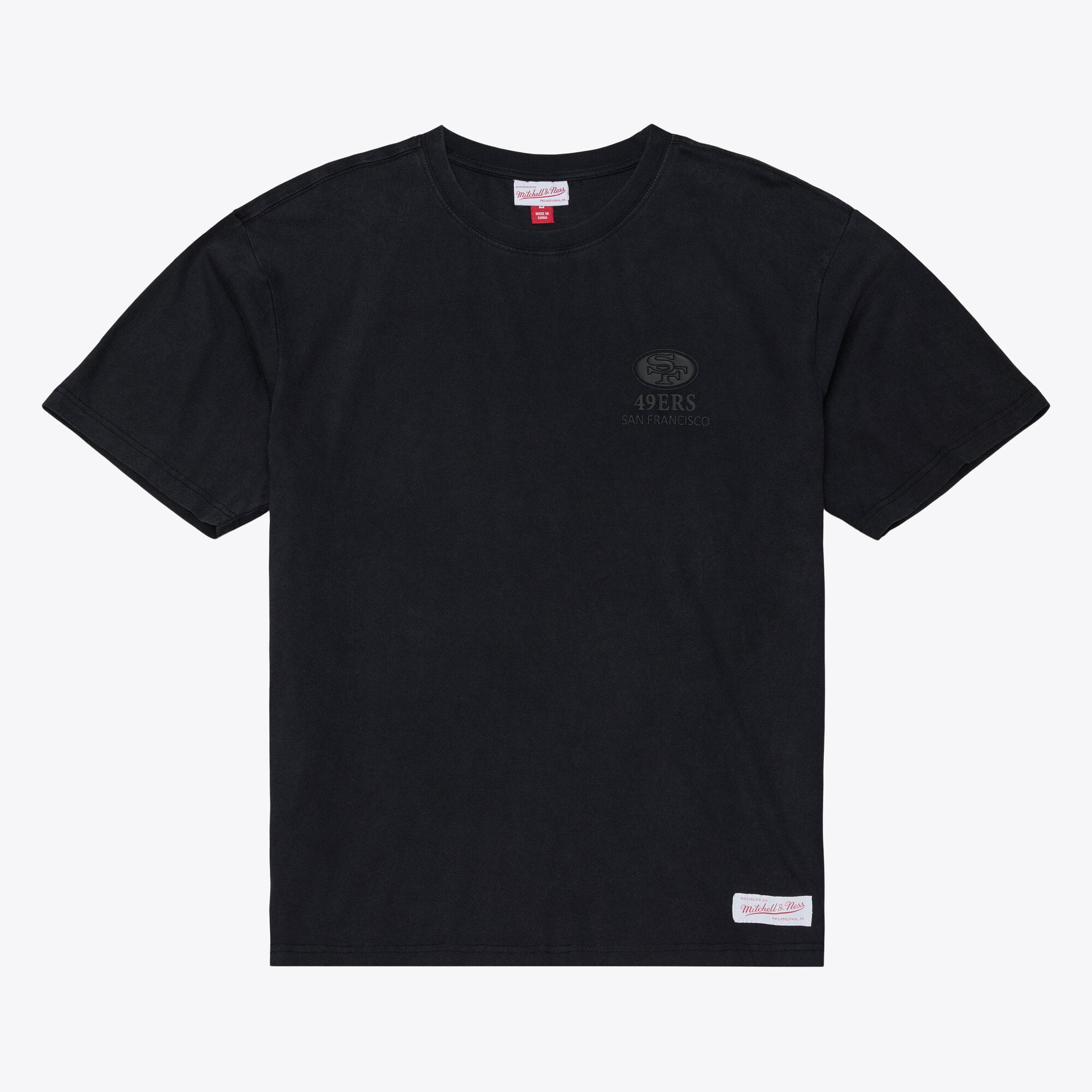 Camiseta negra para hombre Mitchell & Ness San Francisco 49ers Core Essentials con micrologotipo