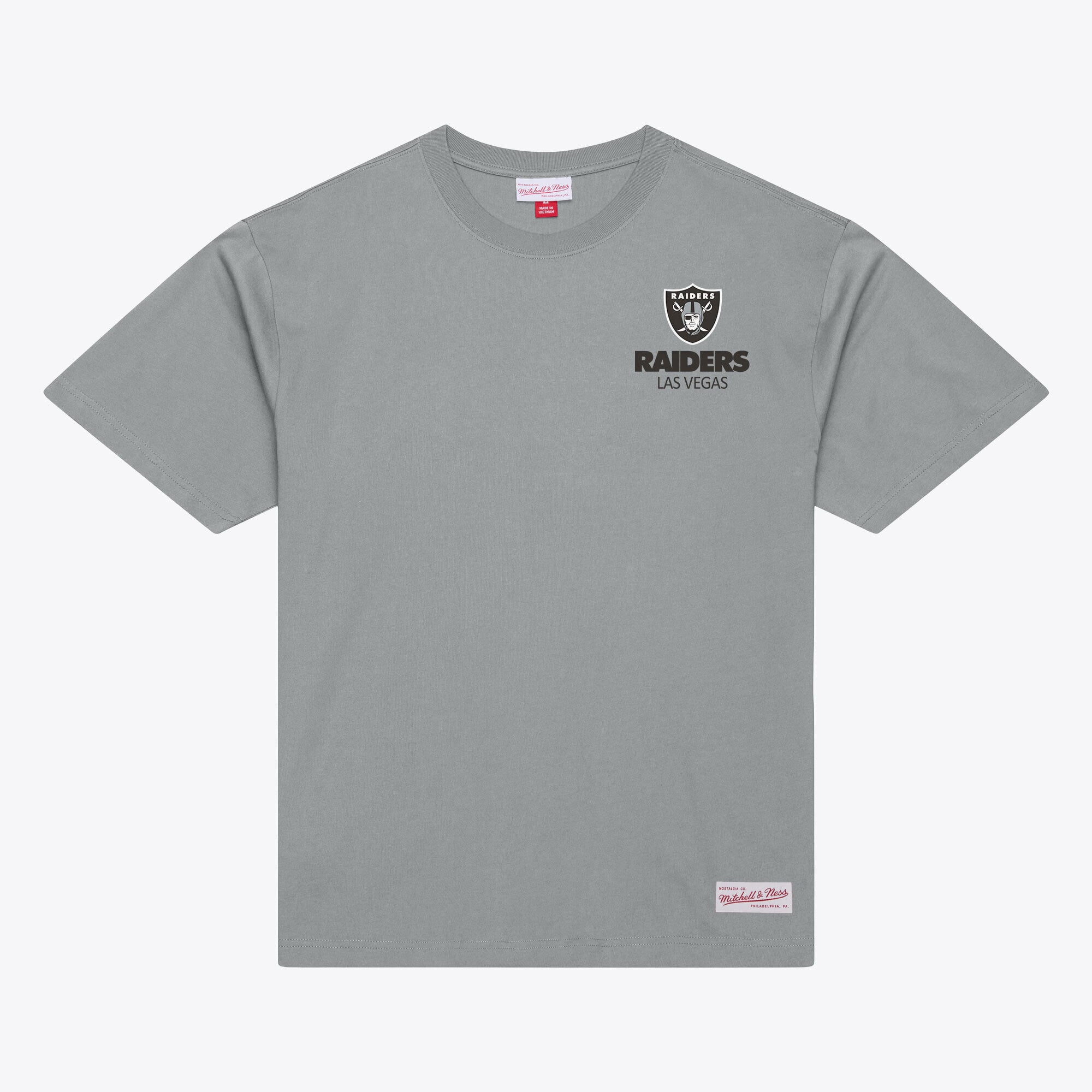 Camiseta Mitchell & Ness gris con micrologotipo de los Las Vegas Raiders de la colección Core Essentials para hombre.