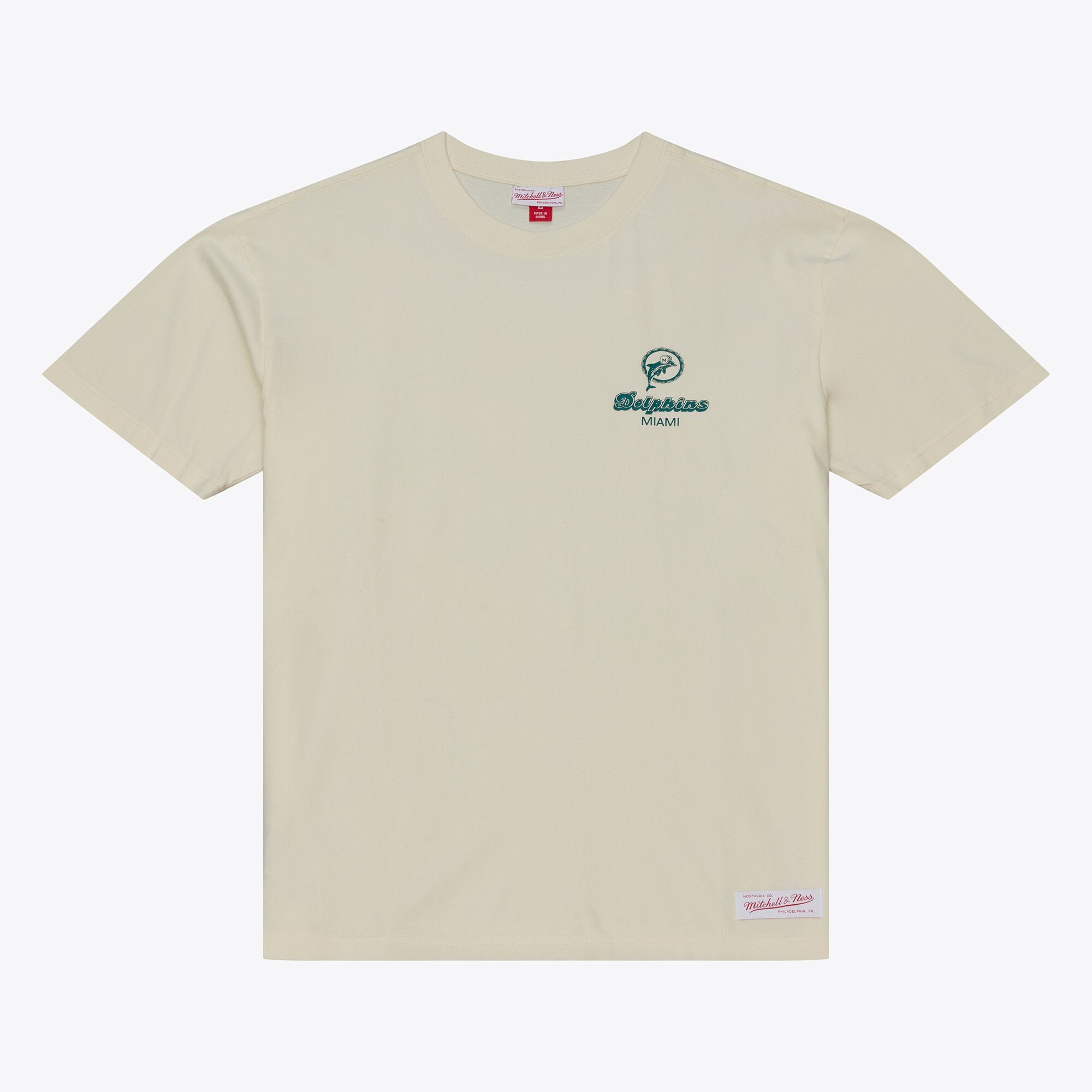 Camiseta Mitchell & Ness Core Essentials Micro Logo para hombre, color crema, de los Miami Dolphins.