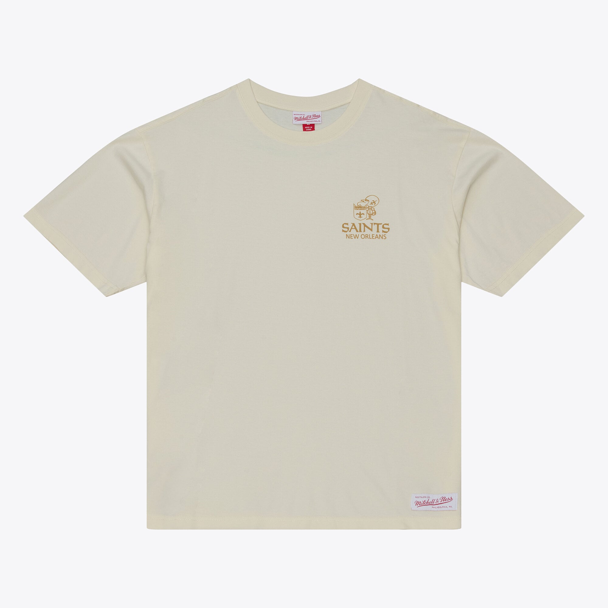 T-shirt da uomo Mitchell & Ness color crema con micro logo dei New Orleans Saints Core Essentials.