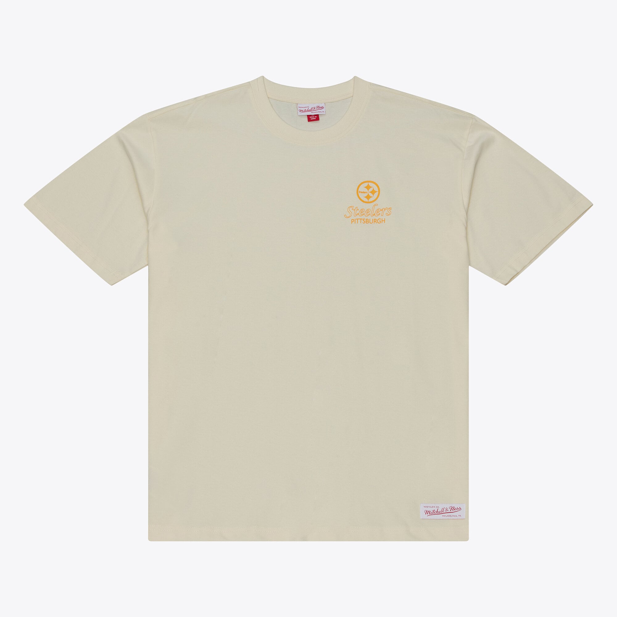T-shirt da uomo Mitchell & Ness color crema con micro logo dei Pittsburgh Steelers Core Essentials.