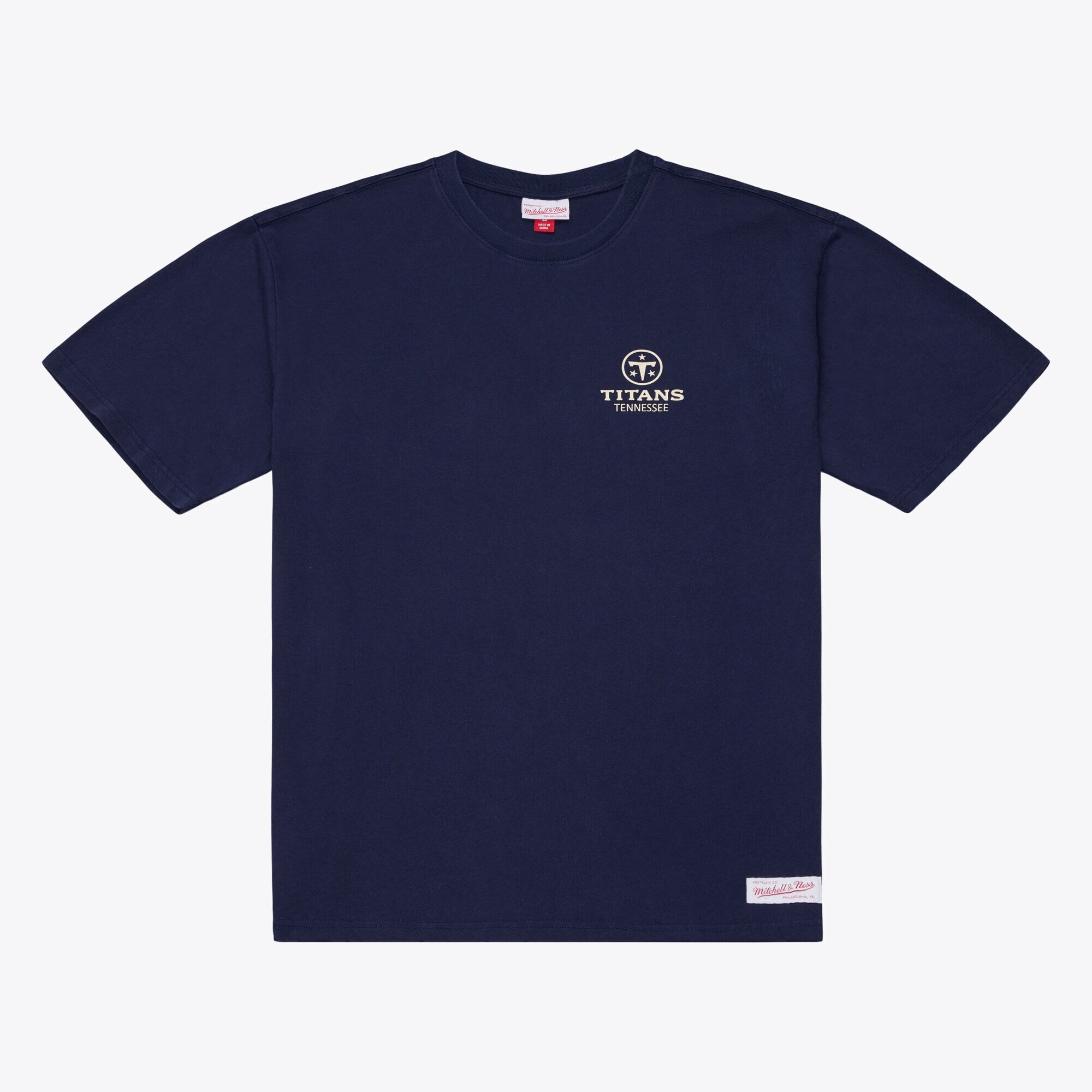 T-shirt da uomo Mitchell & Ness blu navy Tennessee Titans Core Essentials con micro logo