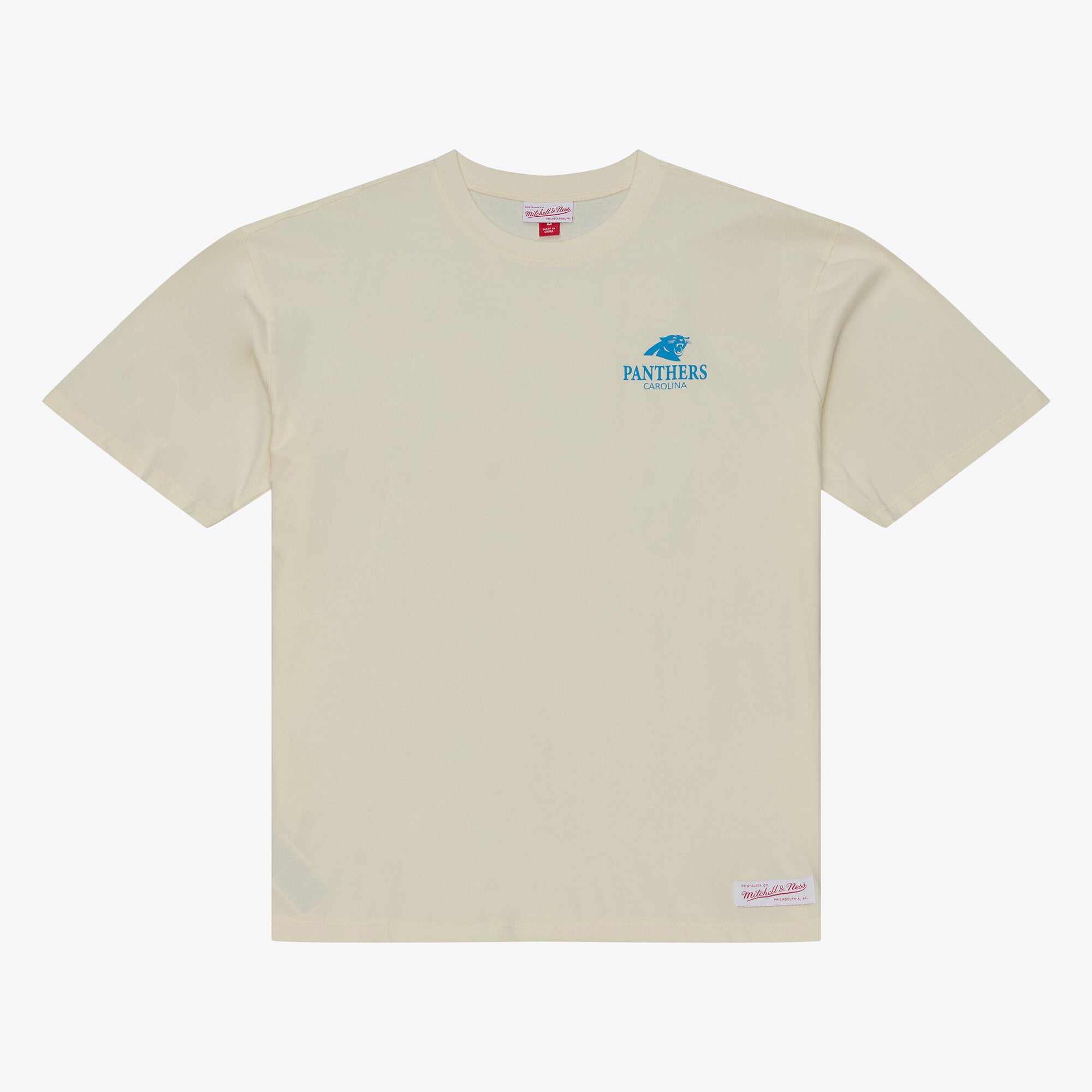 T-shirt da uomo Mitchell & Ness color crema con micro logo dei Carolina Panthers Core Essentials.