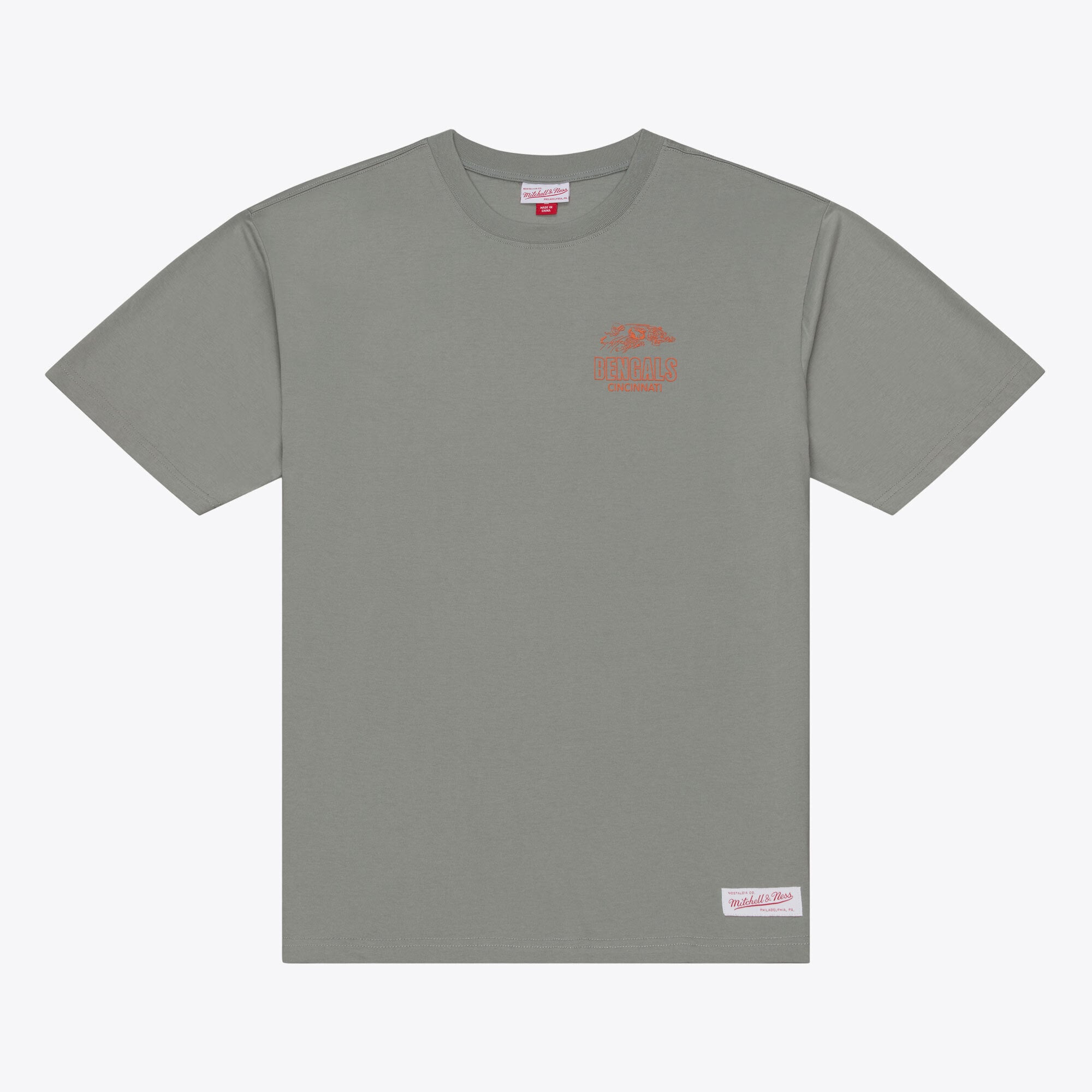 T-shirt da uomo Mitchell & Ness grigia con micro logo dei Cincinnati Bengals Core Essentials.
