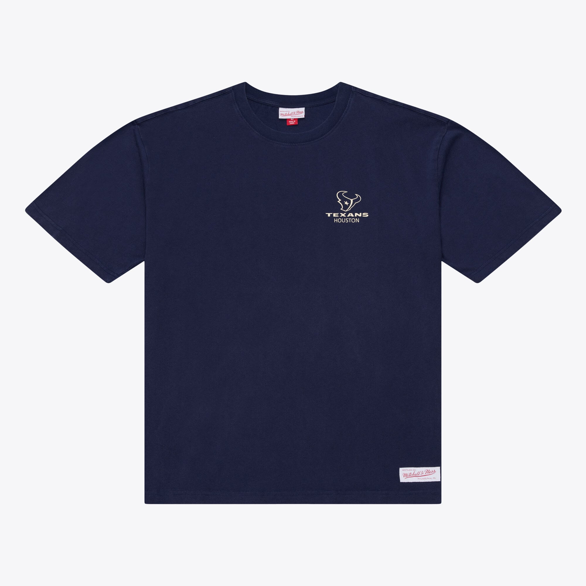 T-shirt da uomo Mitchell & Ness blu navy con micro logo degli Houston Texans Core Essentials.