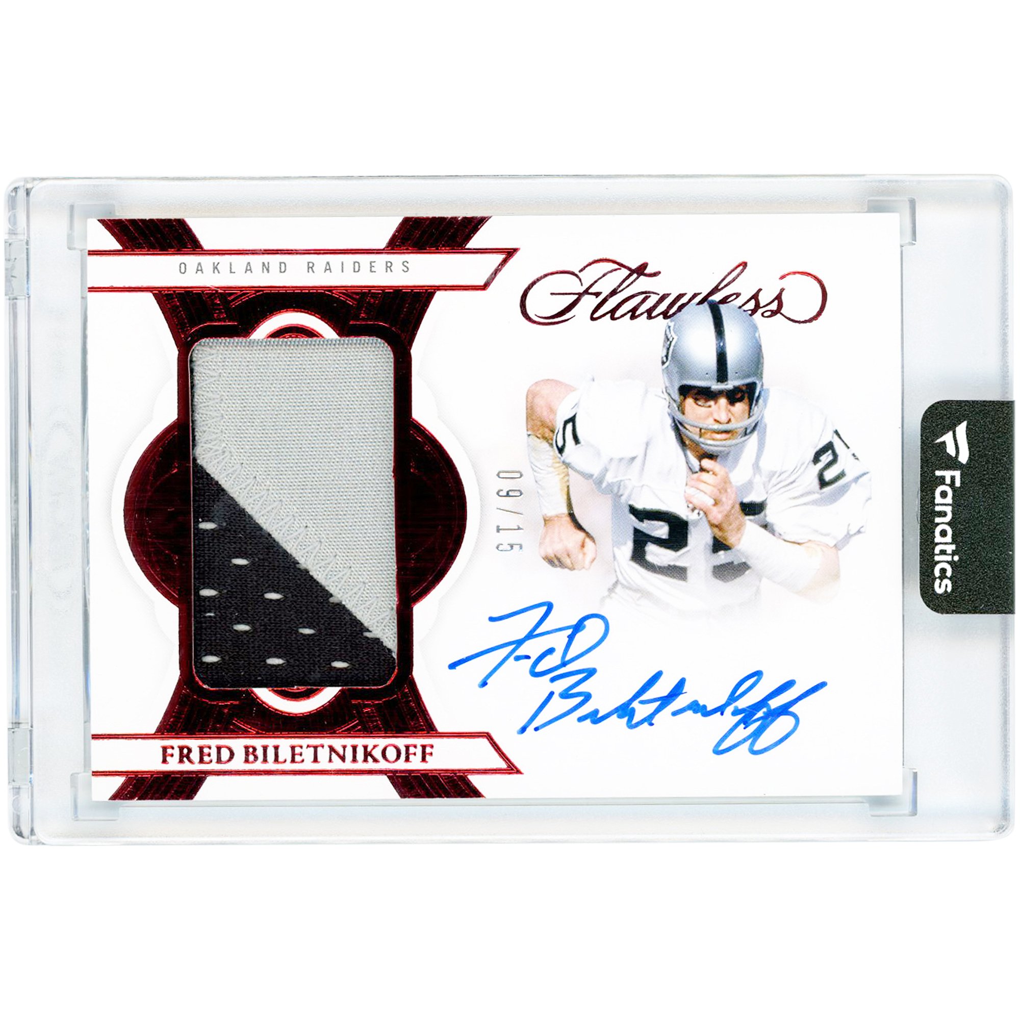 Fred Biletnikoff Oakland Raiders Autographed 2025 Panini Flawless Dual-Color Relic Ruby #PA-FBF #9/15 Card
