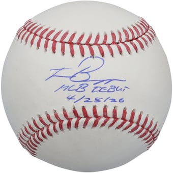 Travis Bazzana Cleveland Guardians Autographed Baseball with "MLB Debut 4/28/26" Inscription