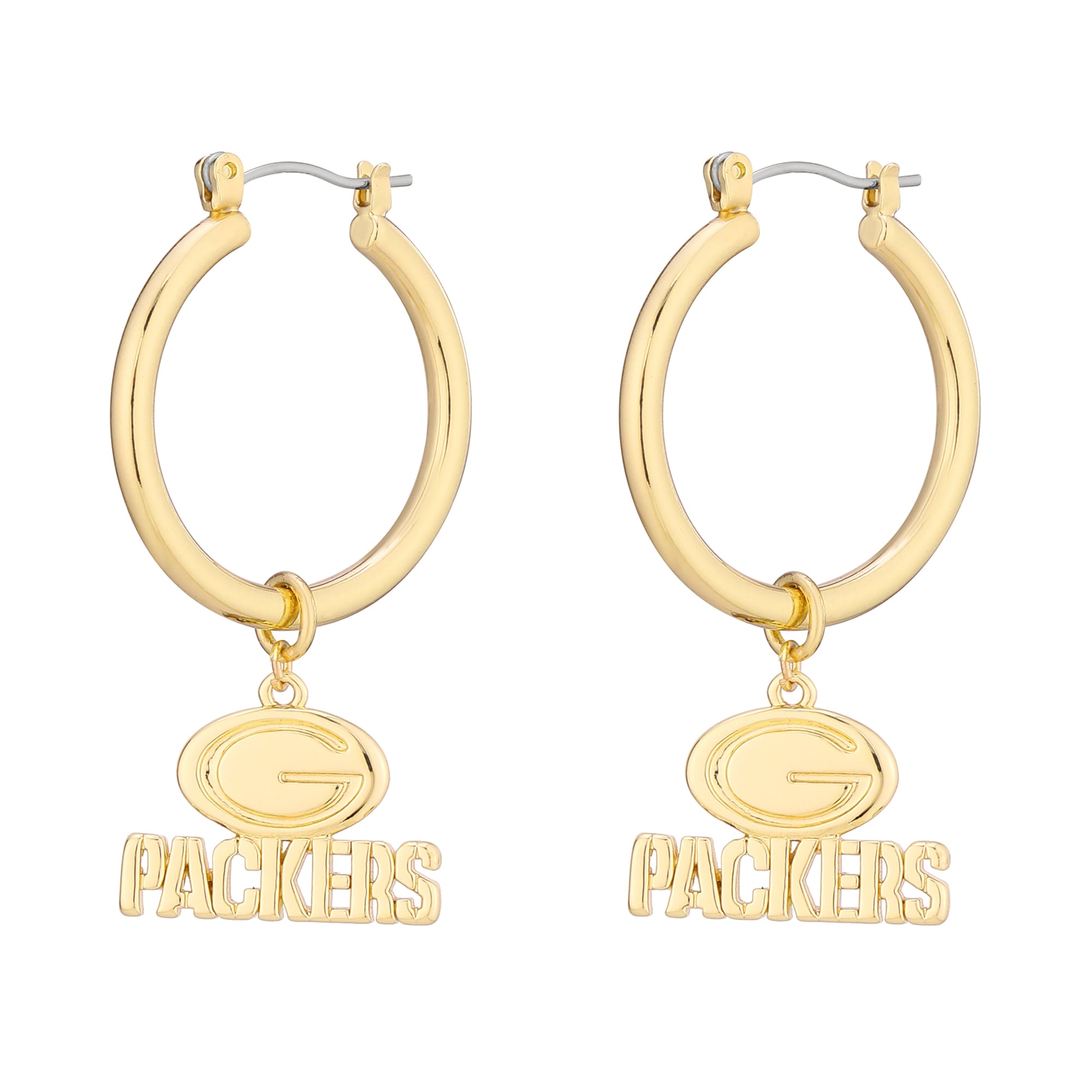 Women's LUV AJ  Gold Green Bay Packers XL Logo Charm Hoop Earrings