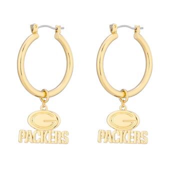 Women's LUV AJ  Gold Green Bay Packers XL Logo Charm Hoop Earrings