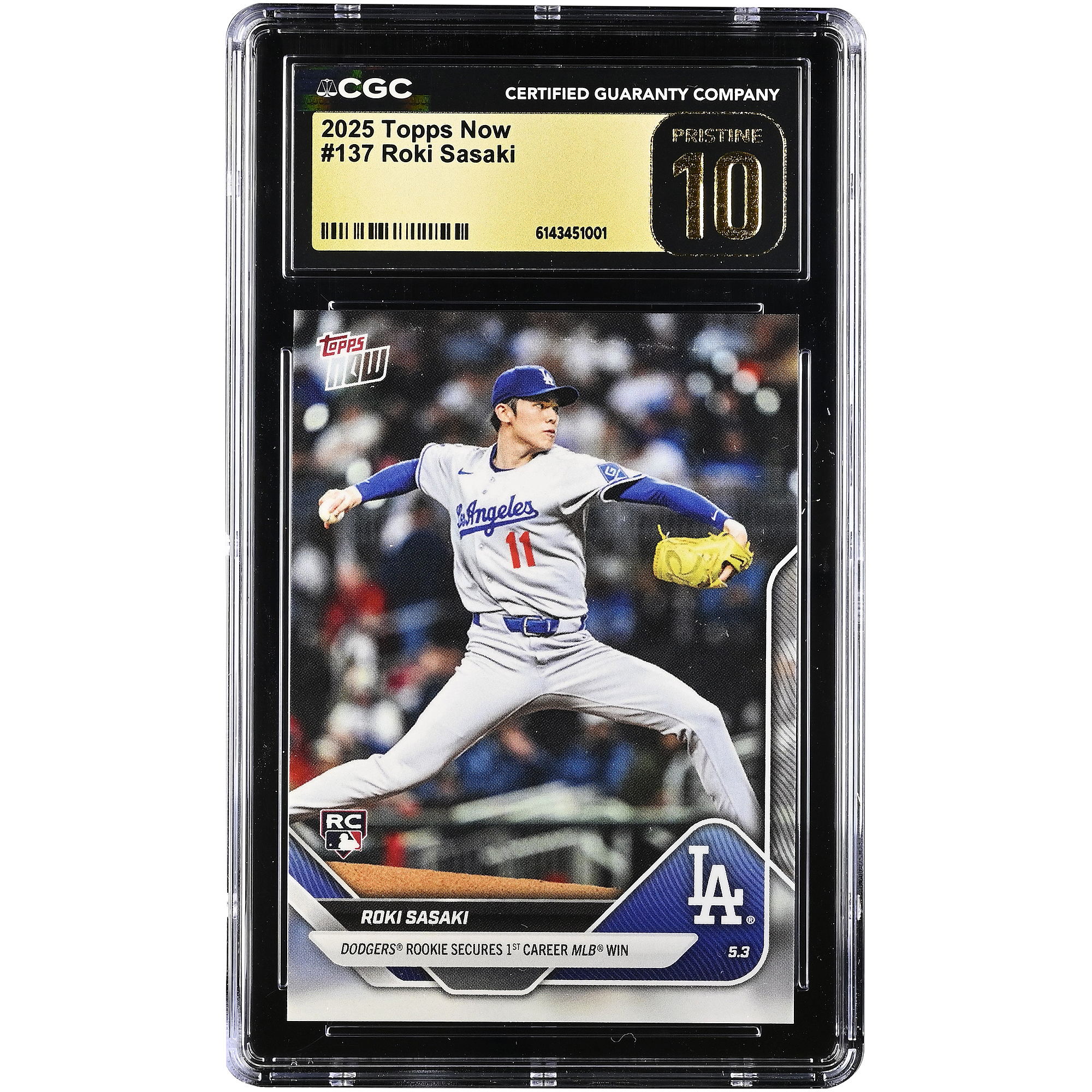 Roki Sasaki Los Angeles Dodgers 2025 Topps Now Dodgers Rookie Secures 1st Career MLB Win #137 CGC Authenticated PRISTINE 10 Rookie Card