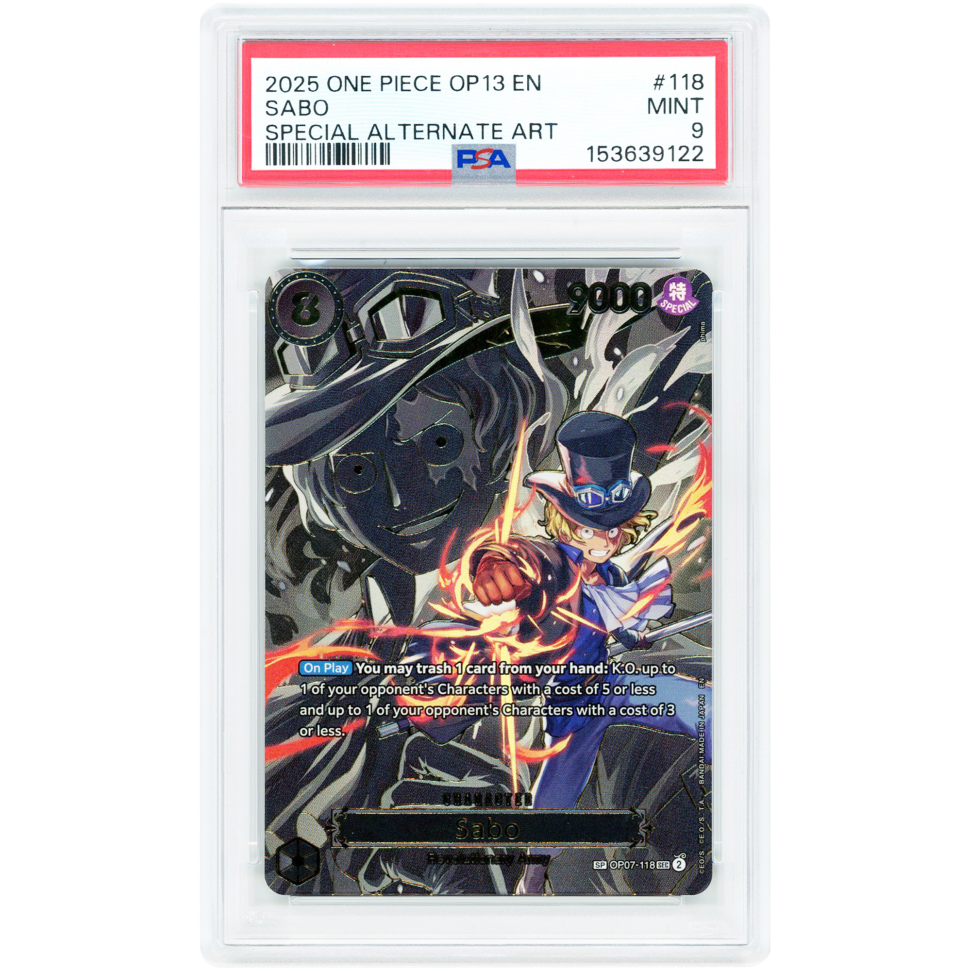 Sabo 2025 One Piece OP13 Special Alternate Art #118 PSA Authenticated 9 Card