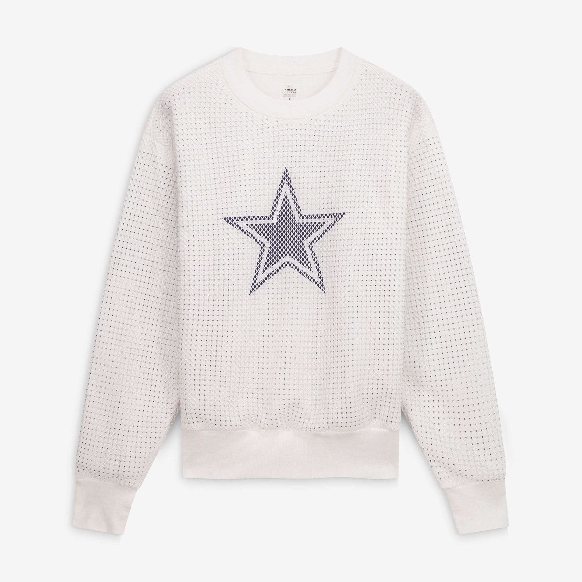 Women's Gameday Couture White Dallas Cowboys Rhinestone Mesh Overlay Crew Sweatshirt