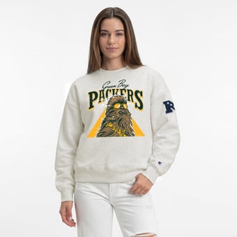 Women's Disney x Champion  Oatmeal Green Bay Packers All-Star Fleece Crew Sweatshirt