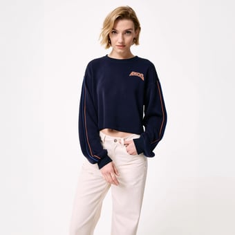 Women's Terez  Navy New York Knicks Piping Cropped Crewneck Sweatshirt