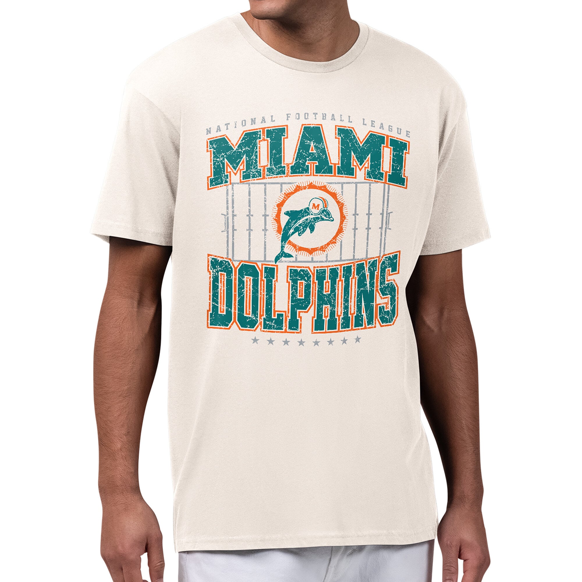Men's Starter Cream Miami Dolphins Distressed Field T-Shirt