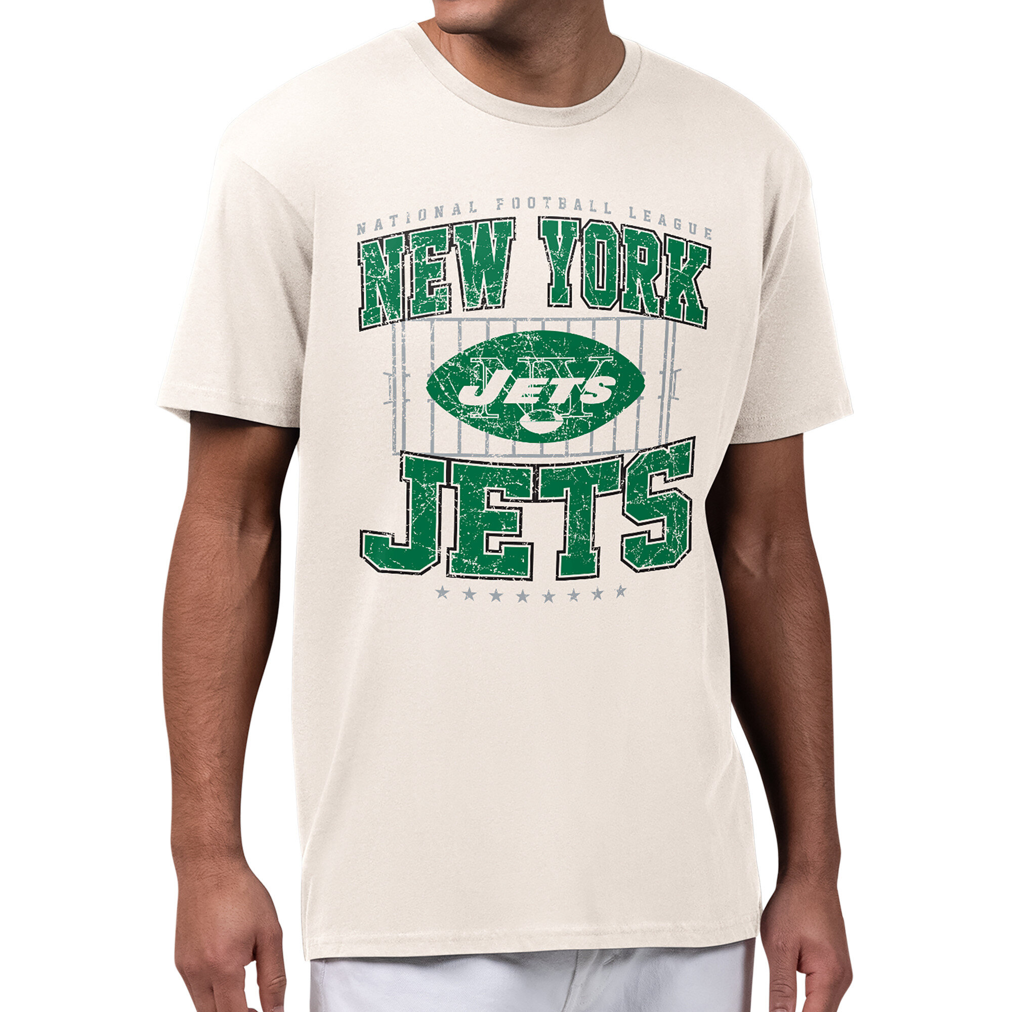 Men's Starter Cream New York Jets Distressed Field T-Shirt